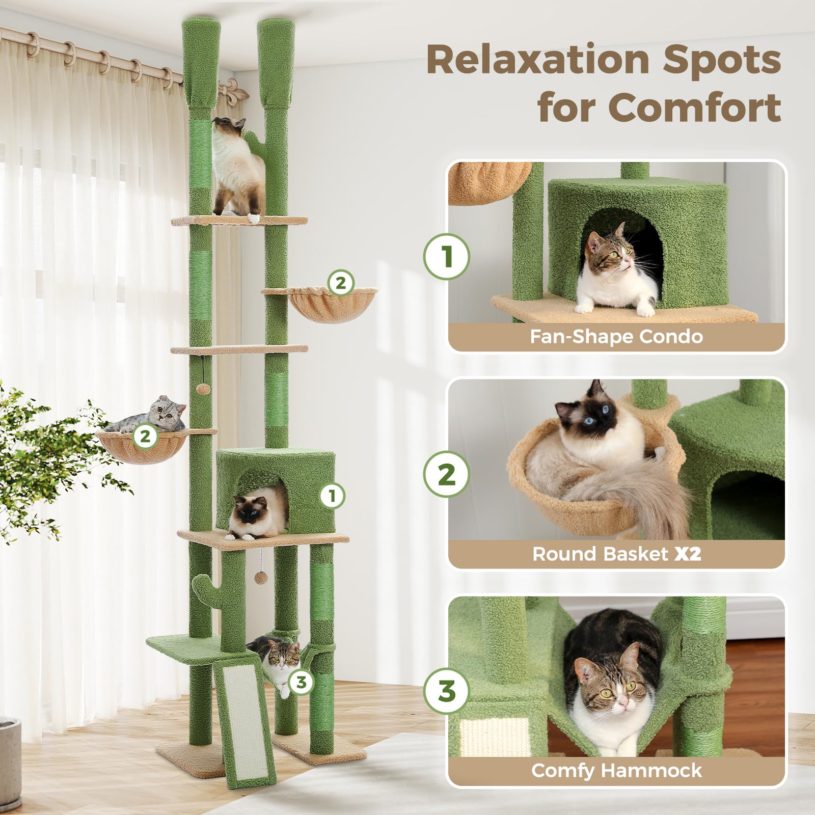 Pawz Road Cactus Cat Tree Floor To Ceiling Cat Tower With Adjustable Height(85-112 Inches), 7 Tiers Climbing Activity Center Wit