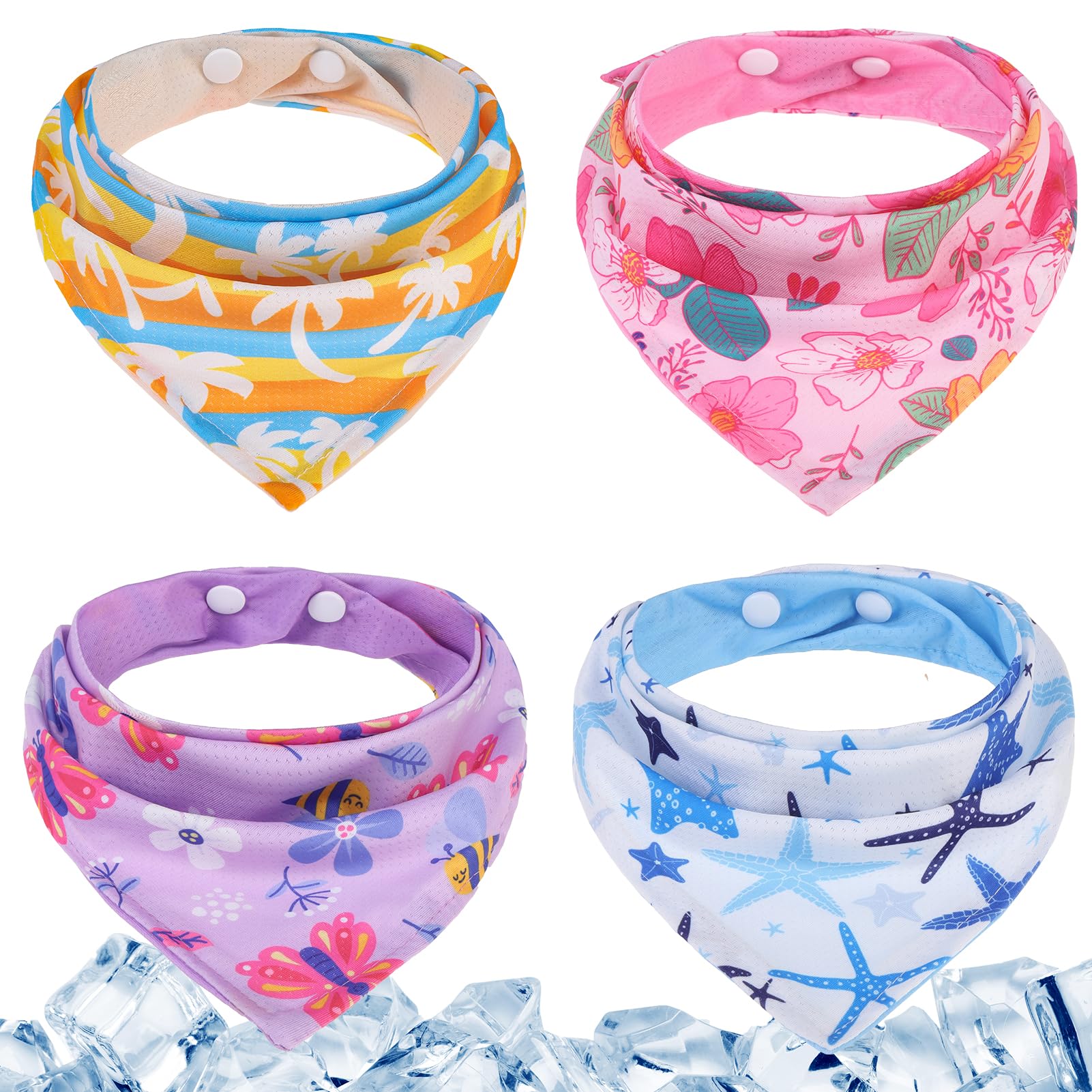 Pawchie Dog Cooling Bandana Small, 4 Packs Ice Cool Pet Triangle Scarf Bibs Reversible Styles, Summer Adjustable With Two Snaps,