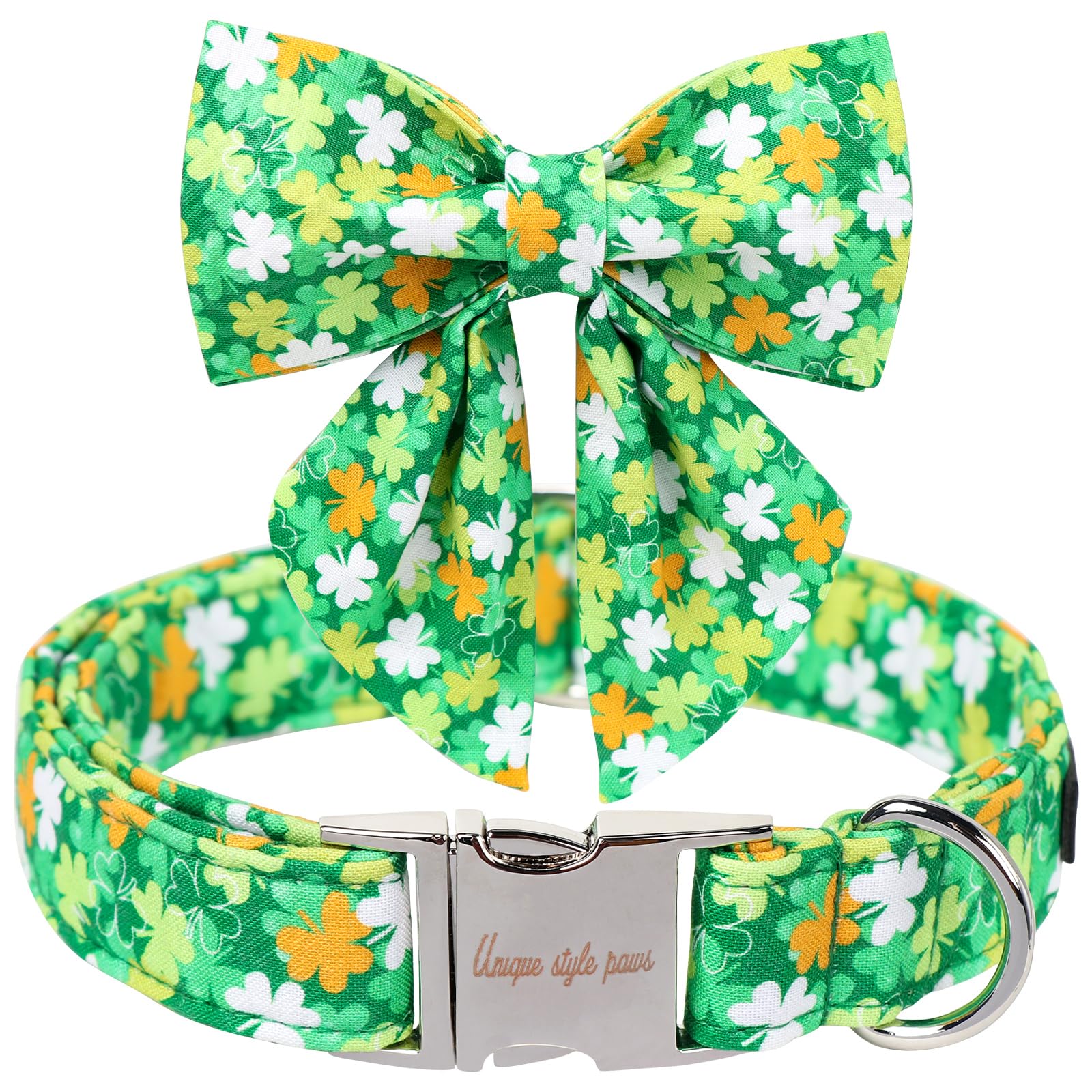 Unique Style Paws St. Patrick'S Day Dog Collar With Bow Clover Collar With Flower For Small Medium Large Boys Girls Dogs