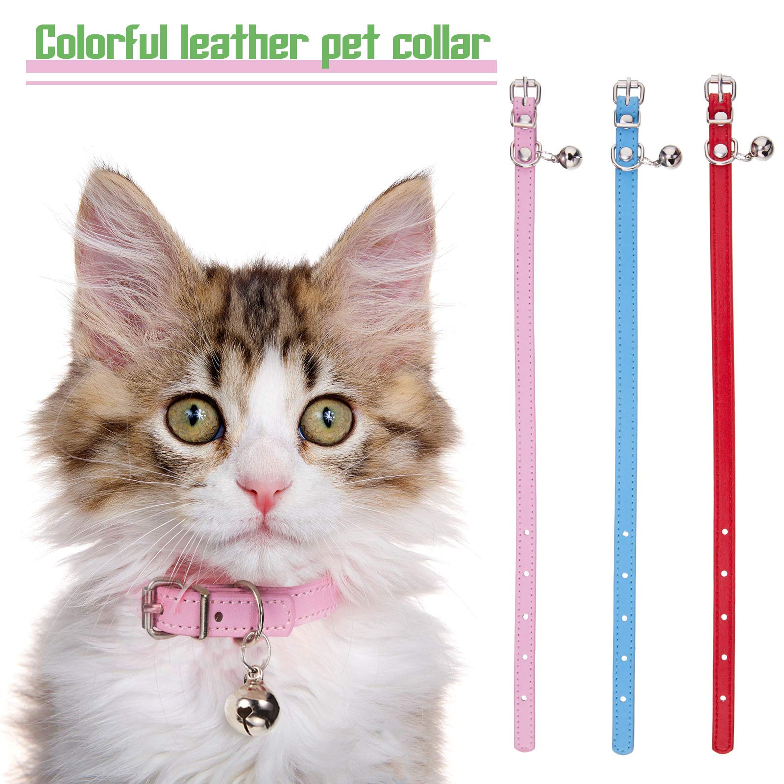 6 Pieces Leather Pet Cat Collars With Bell Soft Adjustable Leather Kitten Collars Cute Pet Collars For Small Cat Kitten Puppy (Bright Color)