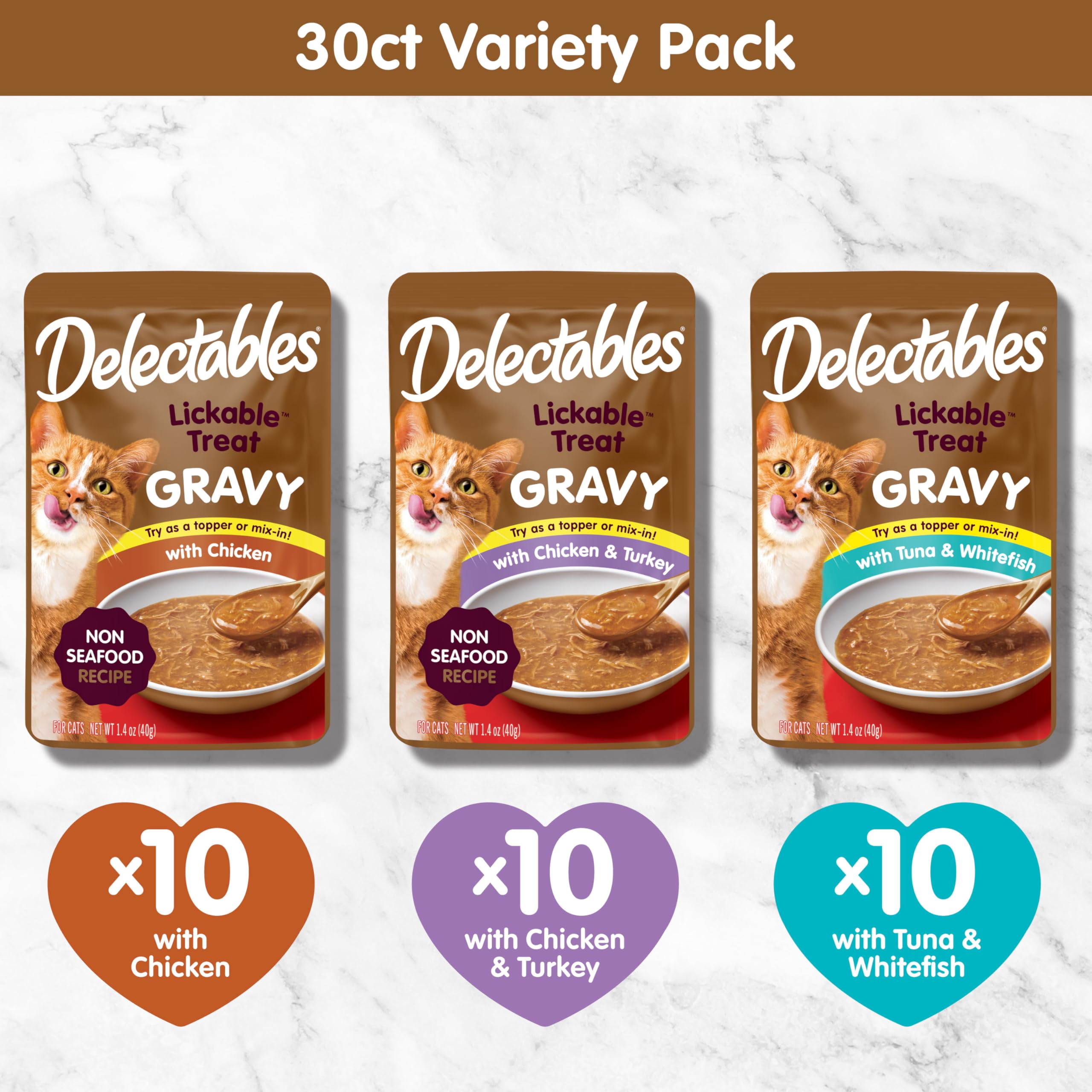 New! Delectables Gravy Lickable Wet Cat Treat & Food Topper, Variety, 30 Pack