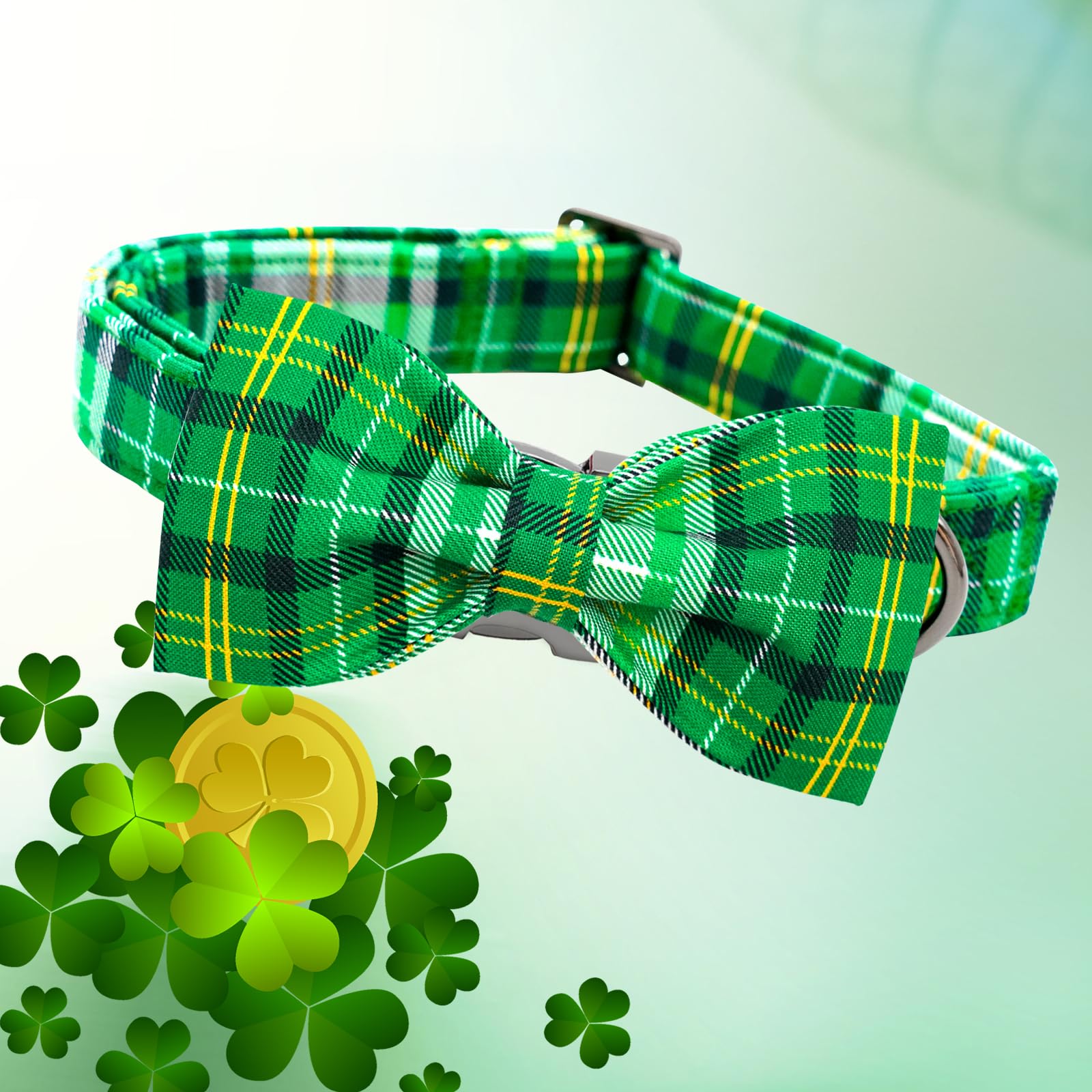Lionheart Glory St. Patrick'S Day Dog Collar For X-Small Dogs, Adjustable Green Plaid Collar With Bowtie