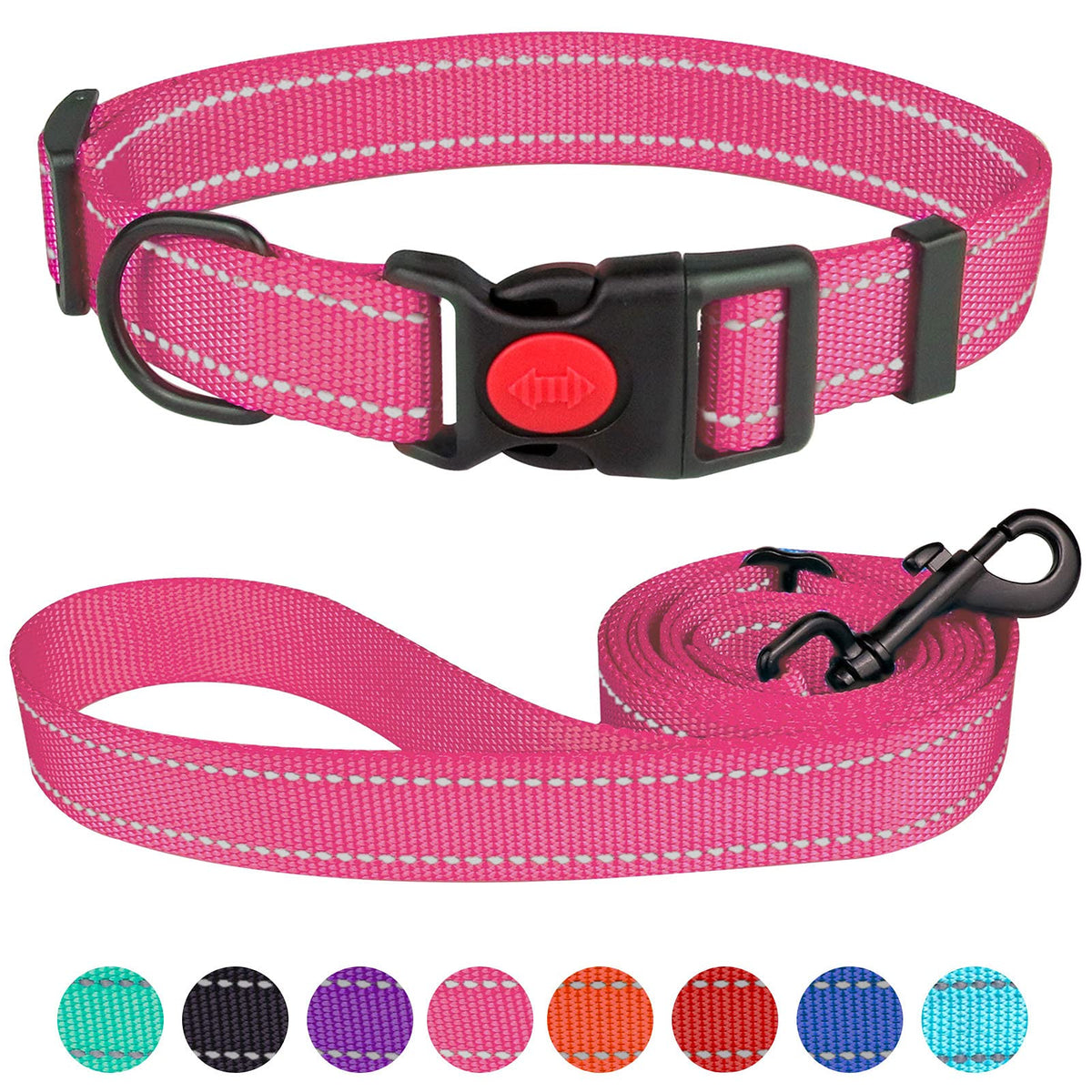 Reflective Dog Collar And Leash Set With Safety Locking Buckle Nylon Pet Collars Adjustable For Small Medium Large Dogs 3 Sizes(Hotpink&L)