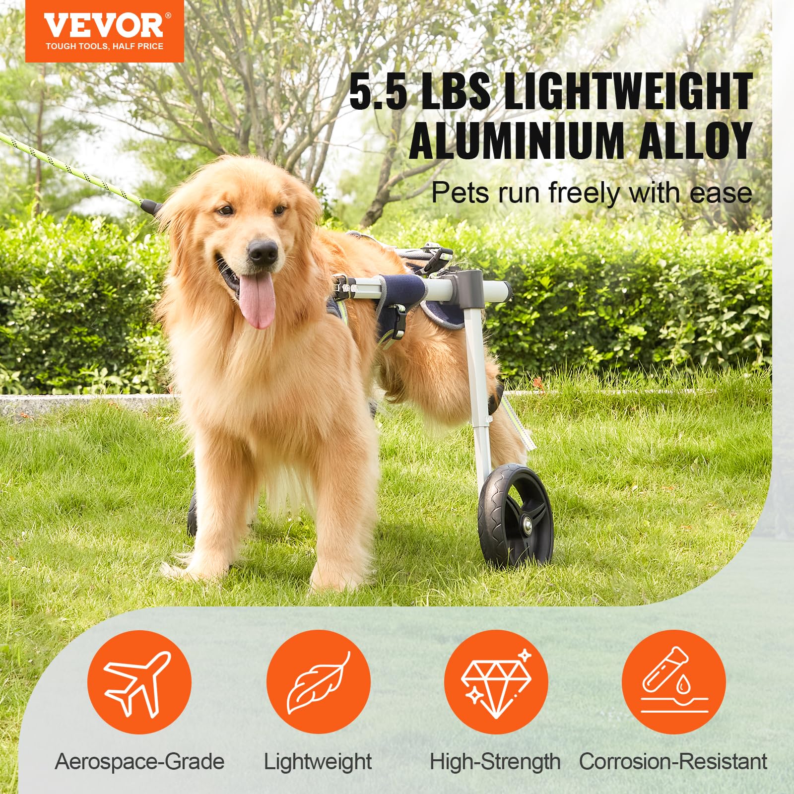 VEVOR 2 Wheels Dog Wheelchair for Back Legs, Pet Wheelchair Lightweight & Adjustable Assisting in Healing, Dog Cart for Injured,