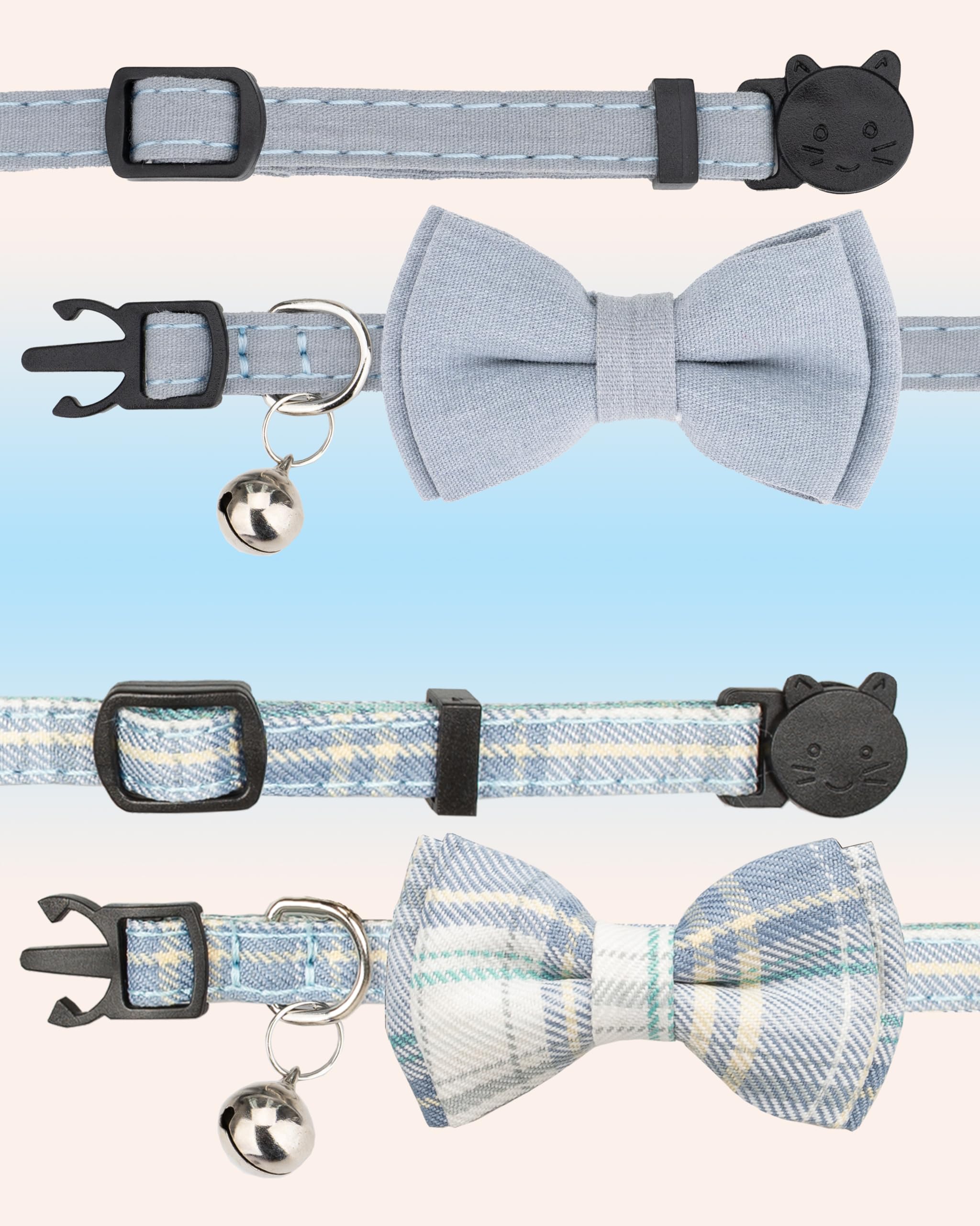 Gyapet Cat Collar Breakaway Bowtie Safety With Bell Adjustbale Kitten Puppy Solid Plaid Color Set D-[2Pcs] Blue Grey
