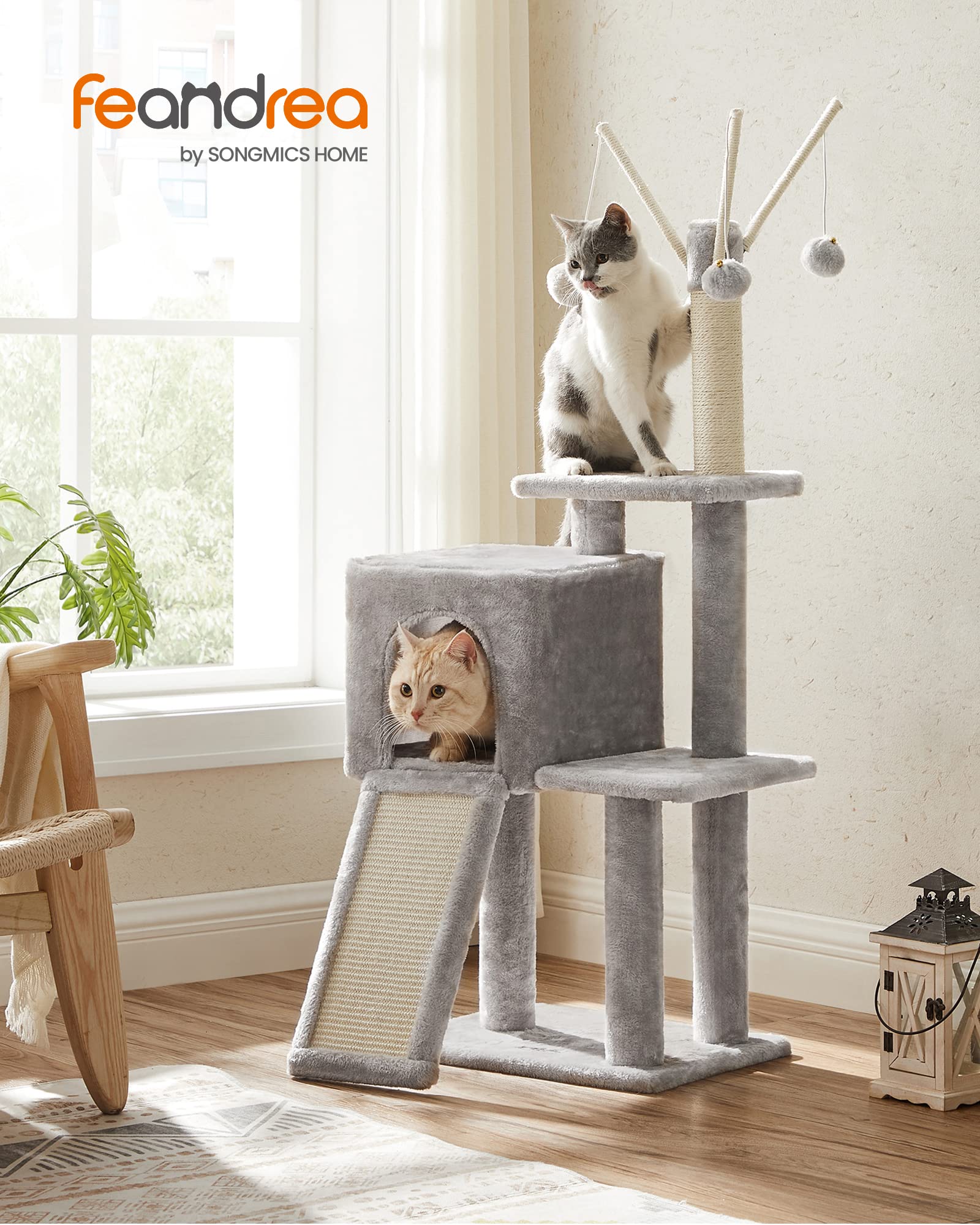Feandrea Cat Tree, 46.5-Inch Cat Tower For Indoor Cats, Multi-Level Plush Cat Condo, Scratching Post, Ramp, 3 Removable Pompom S