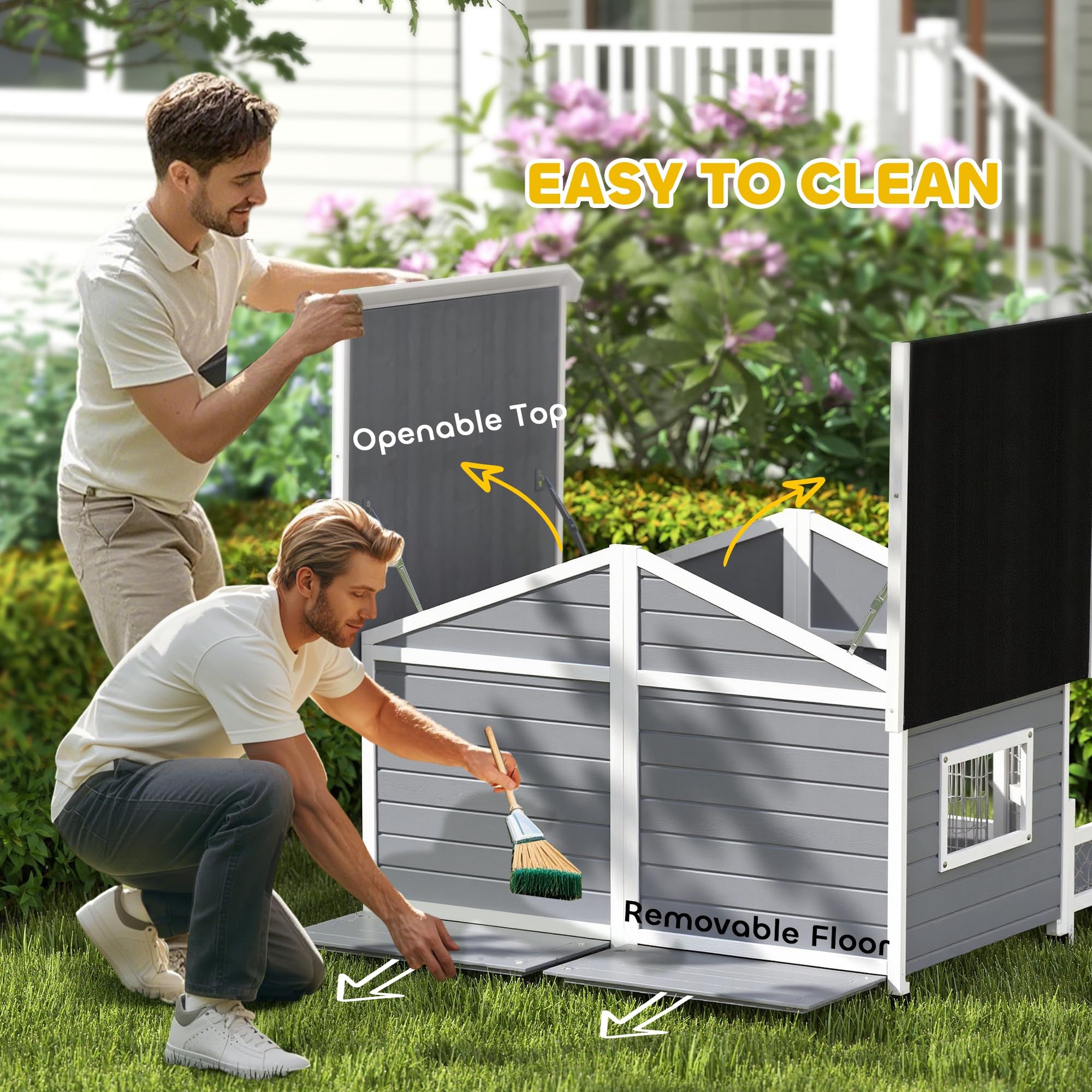 PawHut Dog House Outdoor, Wooden Dog Kennel Weatherproof with Porch, Double Room, Openable Roof, Removable Bottom, Elevated Floo