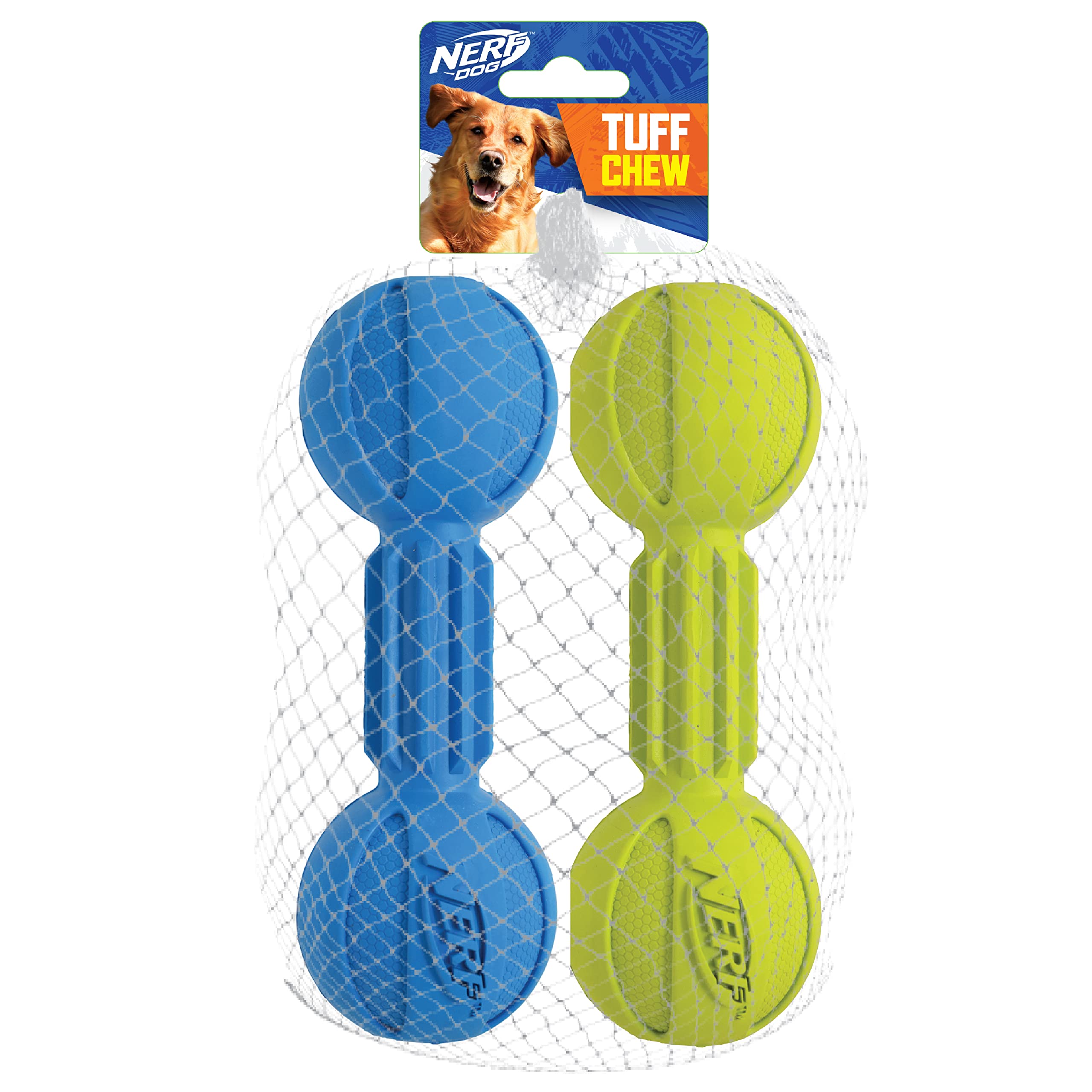Nerf Dog Chewable Barbell Dog Toy, Lightweight, Durable and Water Resistant, 7.5 Inches, for Medium/Large Breeds, Two Pack, Blue