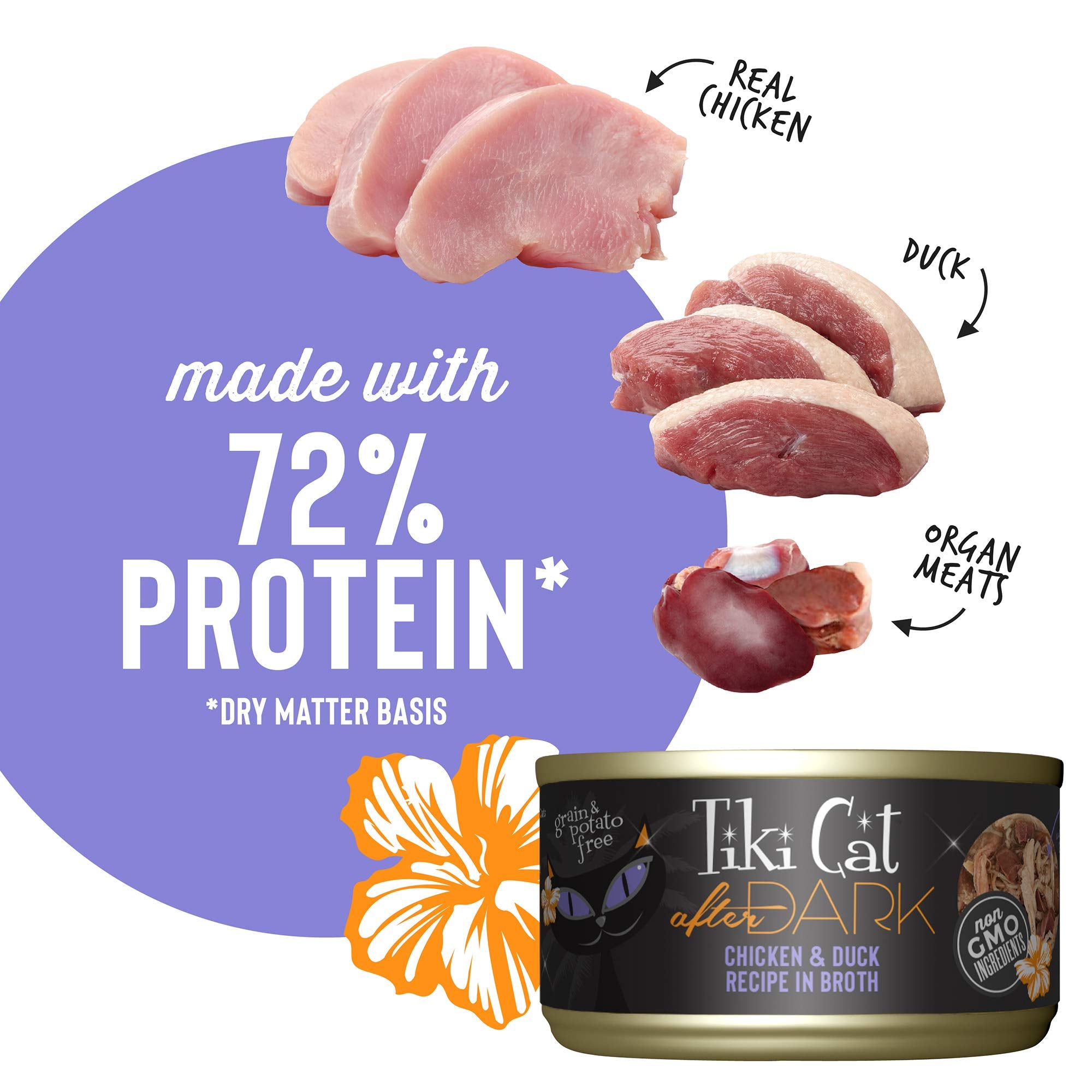 Tiki Cat After Dark, Chicken & Duck, High-Protein and 100% Non-GMO Ingredients, Wet Cat Food for Adult Cats, 2.8 oz. Cans (Pack