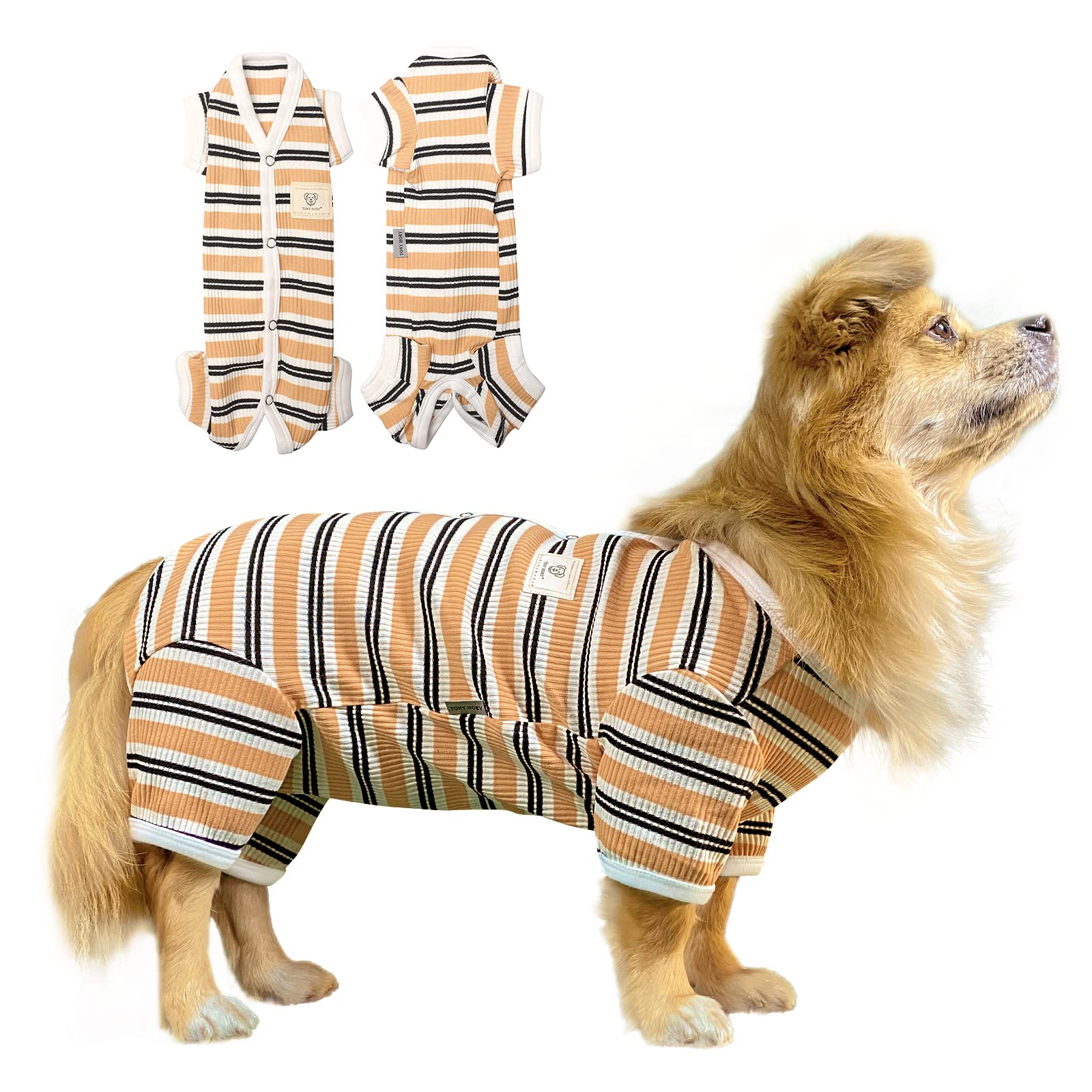 Tony Hoby Dog Jumpsuit Pajamas With Brown Stripe - 4 Legged Pajamas For Small Medium Dogs (Brown, Girl, S)