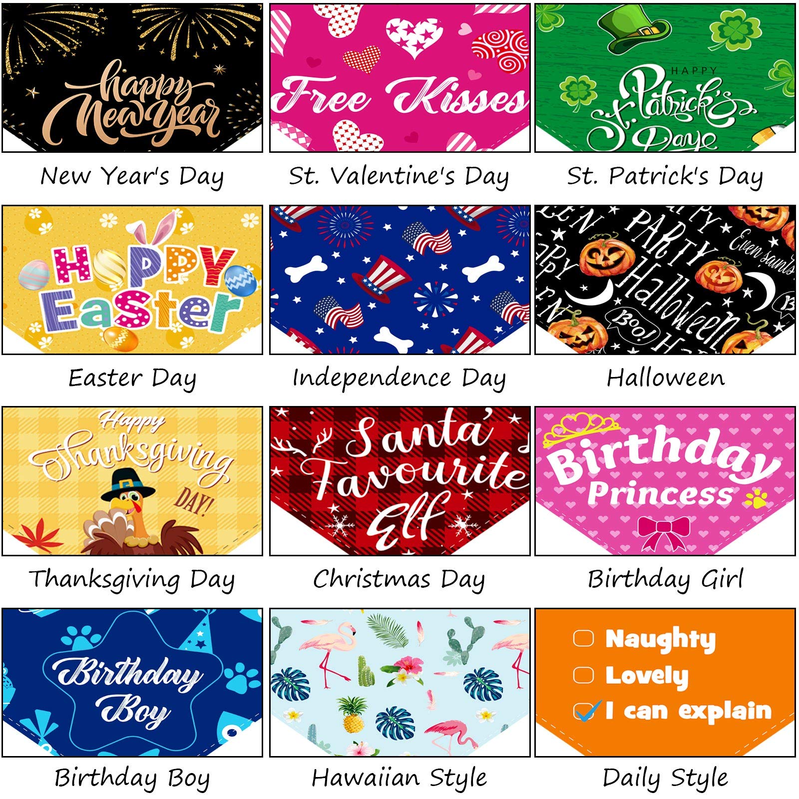 12 Pieces Holiday Dog Bandanas Halloween Dog Scarf Birthday Thanksgiving Christmas Daily Festival Costume Supply Pets Dog Scarf Bandana For Dogs Cats Pets Costume(Medium)