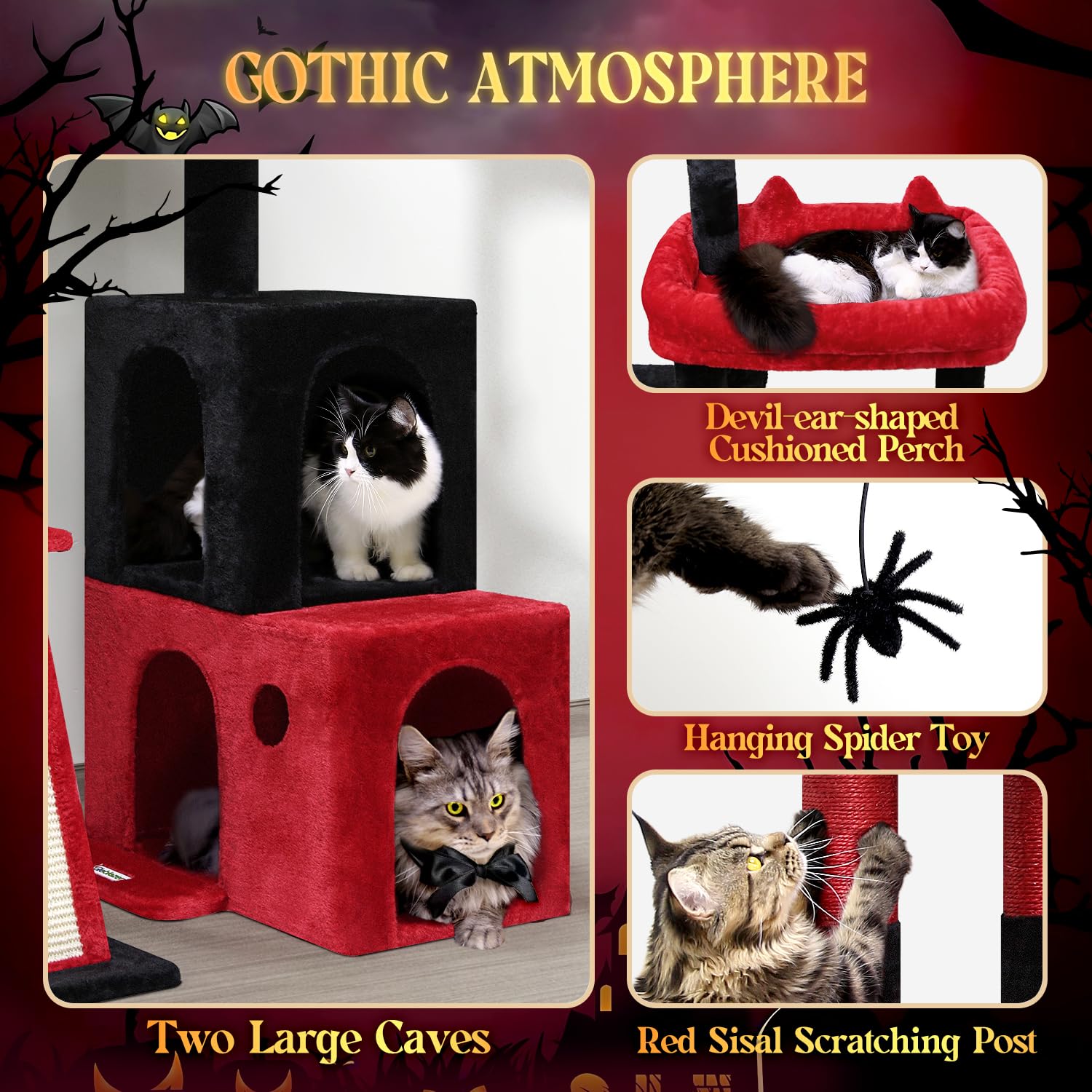 Globlazer F50 Gothic Cat Tower for Indoor Cats, 50-inch Heavy Duty Goth Cat Tree for Big Cats, Maine Coon Cat Tree with Extra-La