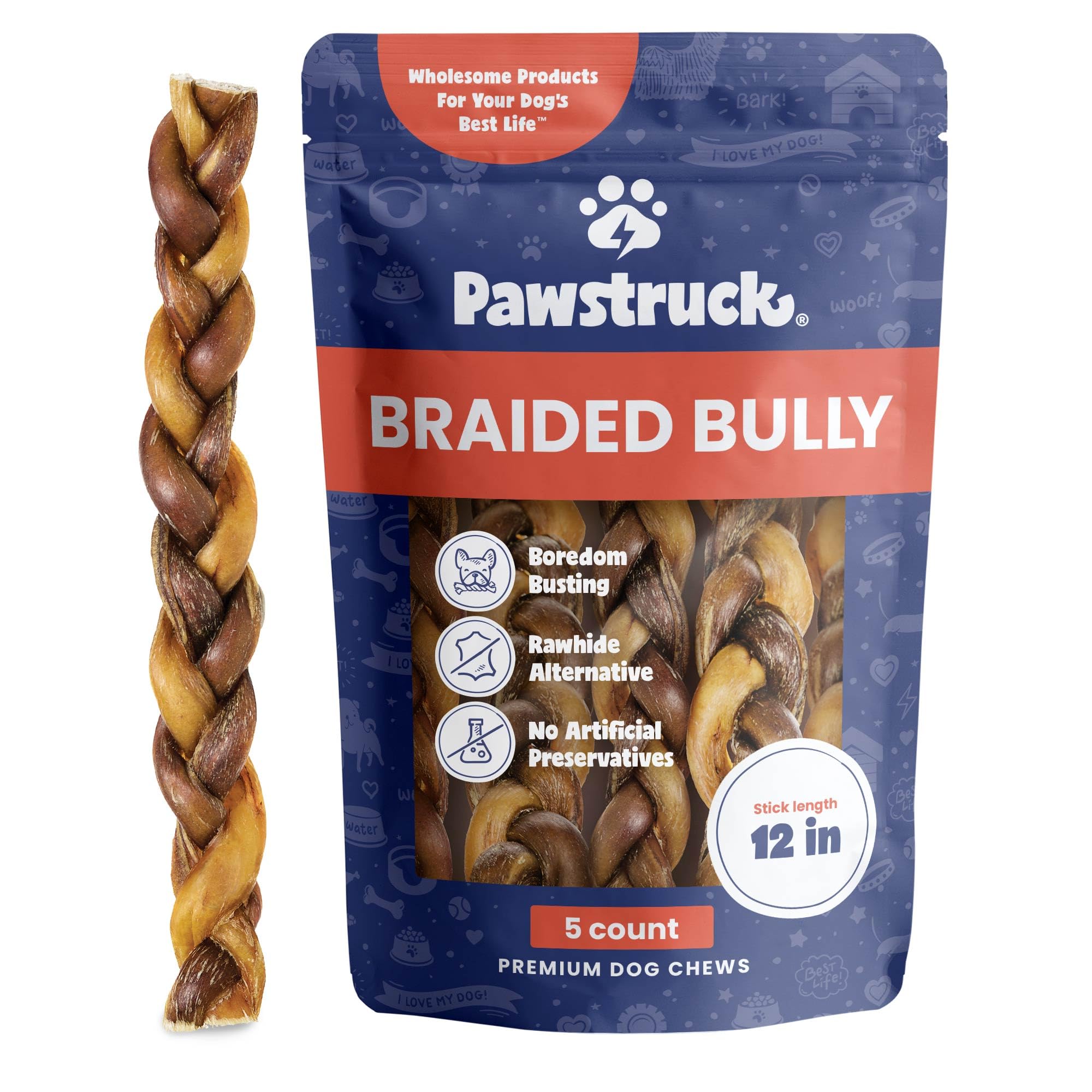 Pawstruck Natural 12 Braided Bully Sticks for Dogs - Tough, Long-Lasting, Rawhide-Free, Low-Odor, Single Ingredient Chew Treat f
