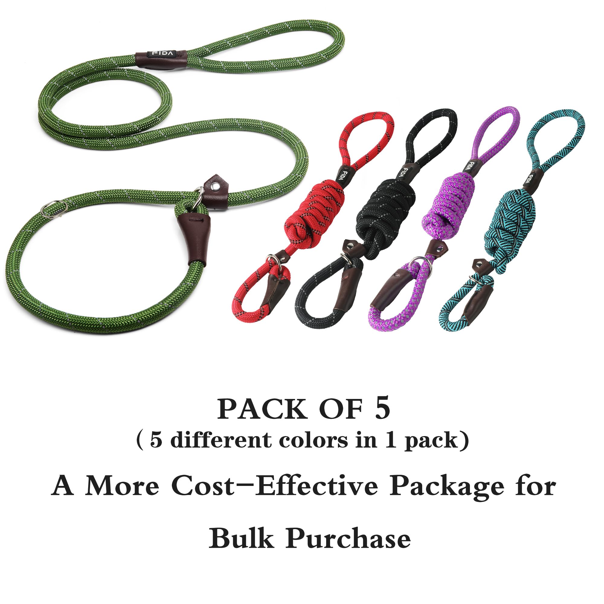 Fida Durable Slip Lead Dog Leash Bulk Pack Of 5, Heavy Duty 1/2' X 6 Ft Comfortable Strong Rope Slip Leash For Large, Medium & Small Dogs No Pulling Pet Training Leash With Highly Reflective (Mixed)
