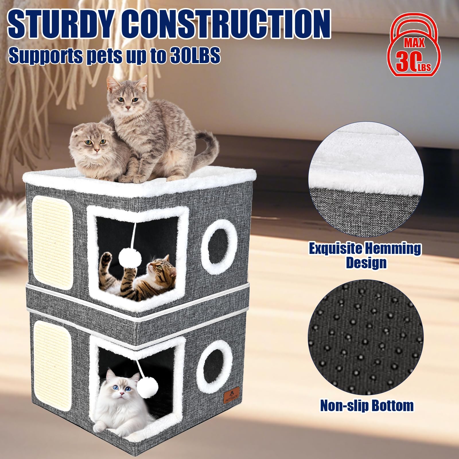 2-Story Cat House For Indoor Cats, Dual-Purpose Cave Bed With Scratch Pad And Fluffy Ball, Foldable Cat Hideaway, Cute Condo Fur