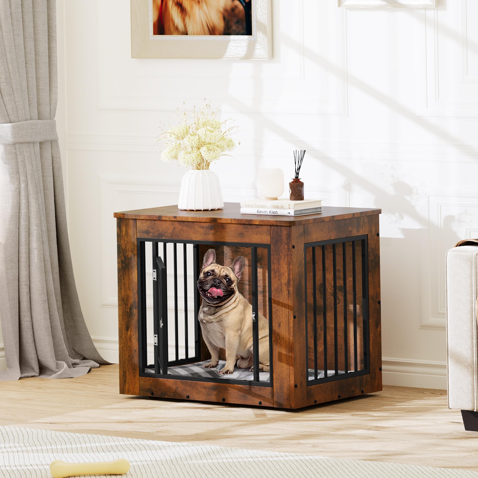 YITAHOME Dog Crate Furniture for Medium Dogs, Side End Table, Modern Dogs Kennel Indoor up to 35 lb, 2-in-1 Iron-Wood Fusion Dog