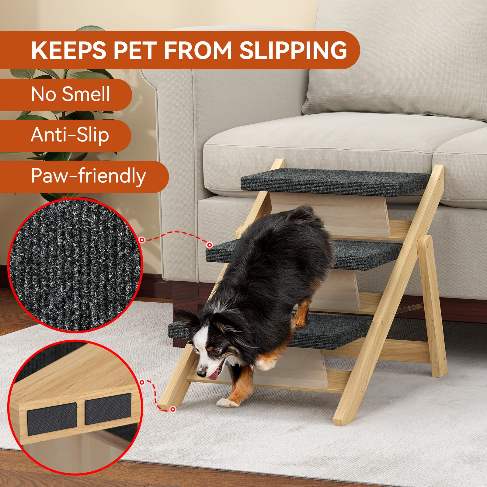 Runlexi Pet Stairs/Steps, Medium Dogs Steps For High Beds, Sofa, Couch, Car, 2-In-1 Foldable Wood Dog Ramp With Non-Slip Pads, S
