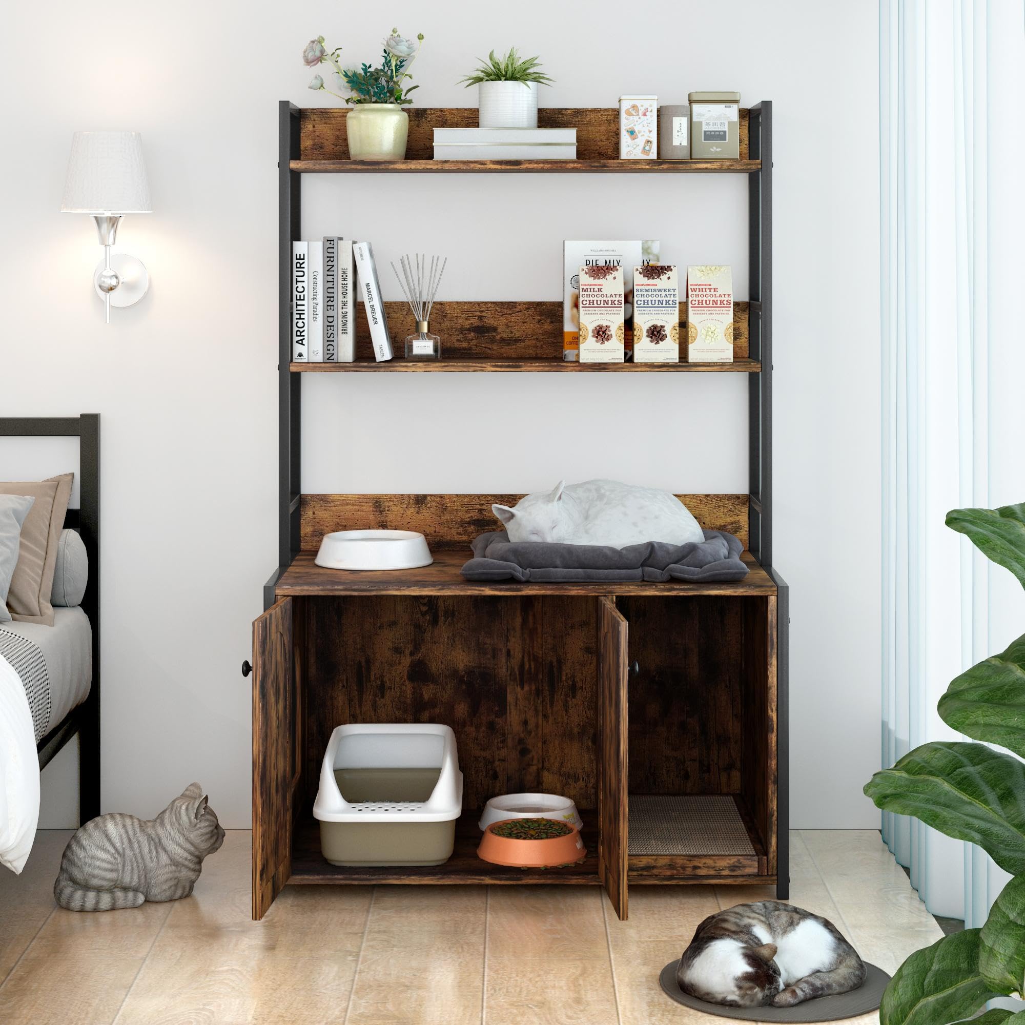 Litter Box Enclosure with 2 Storage Shelves Hidden Cat Litter Box Furniture with Scratch Pad, Indoor Cat House Kitty Box Washroo