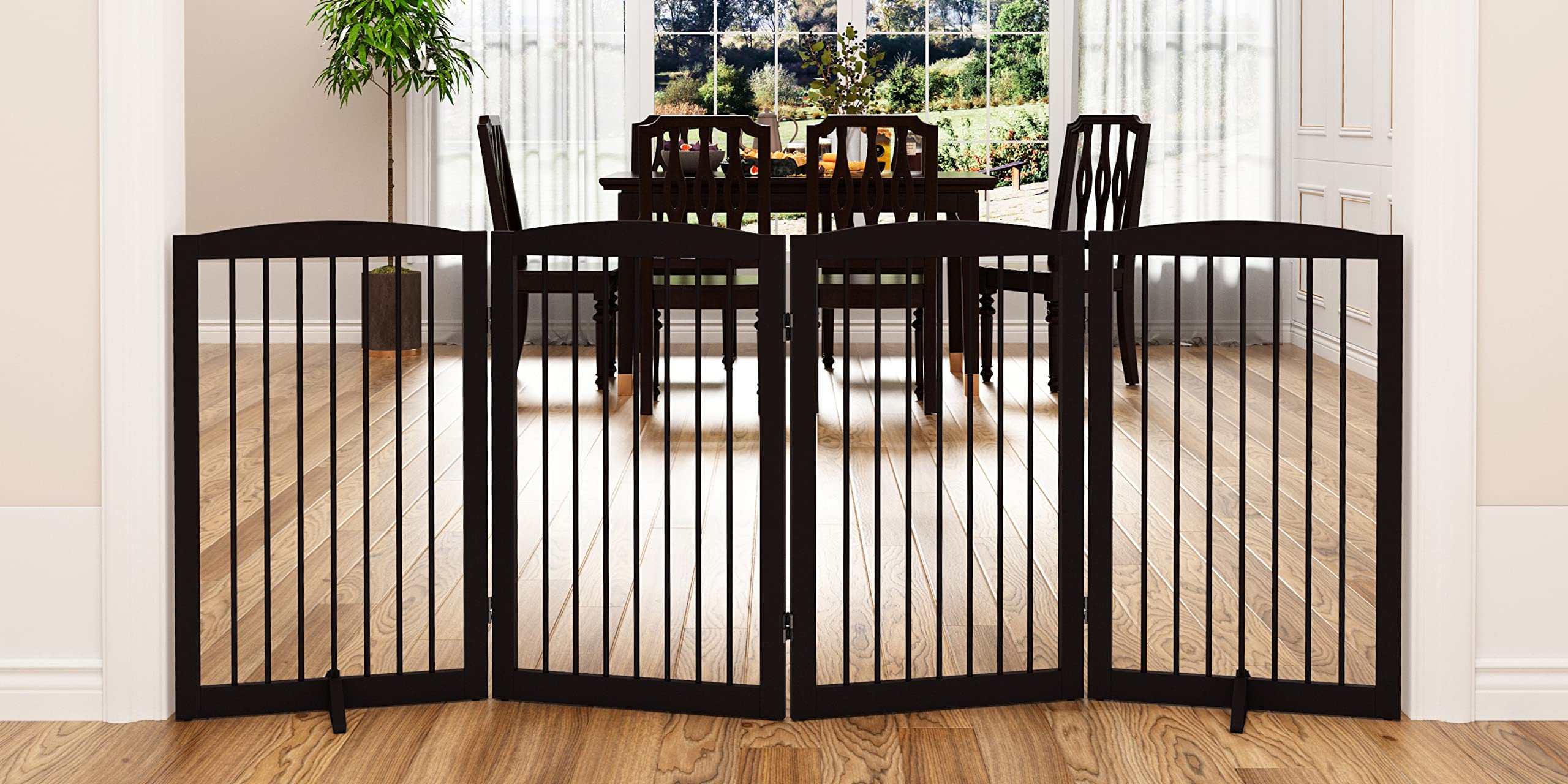 Pupetpo Freestanding Pet Gate For Dogs, Indoor Wooden Dog Gate For House, Foldable Dog Gate For Doorway, Stair,Hall, Step Over Pet Puppy Safety Fence Tall, 80 Inch Wide, 4 Panel 32',Brown