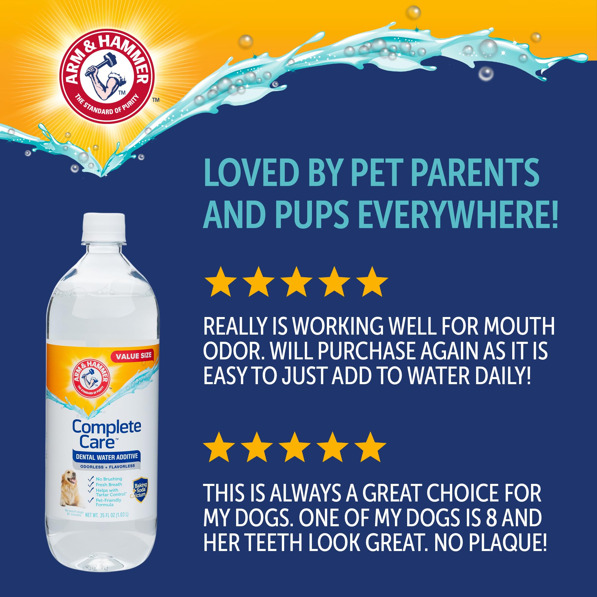Arm & Hammer Complete Care Dental Water Additive for Dogs, Dog Breath Freshener, Dog Mouth Wash or Dental Rinse, Simply Add to P