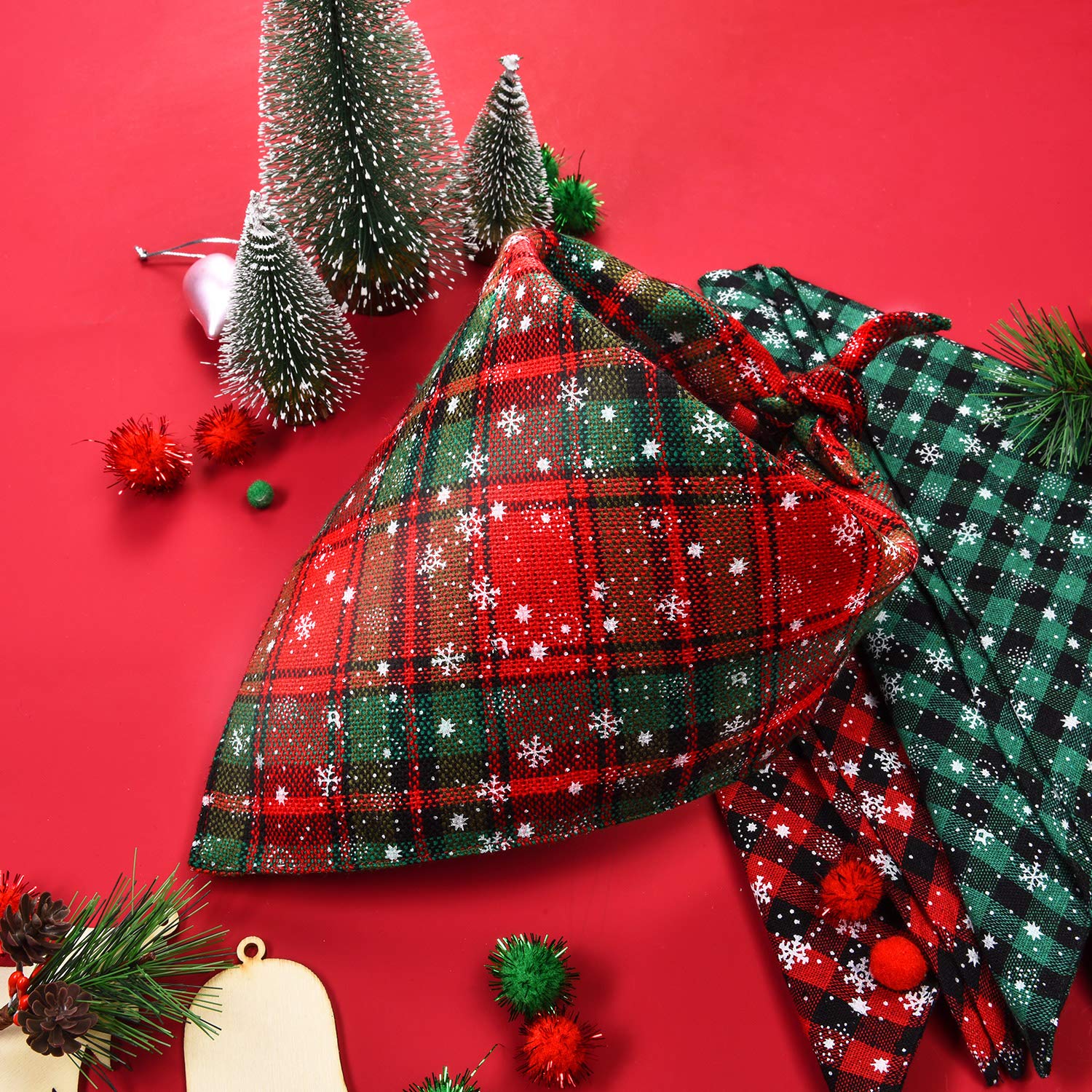 Syhood 3 Pieces Christmas Pet Bandanas Red Green Buffalo Plaid Snowflake Dog Bandanas Pet Bibs Triangle Scarf Accessories Adjustable Kerchief For Christmas Pet Costume