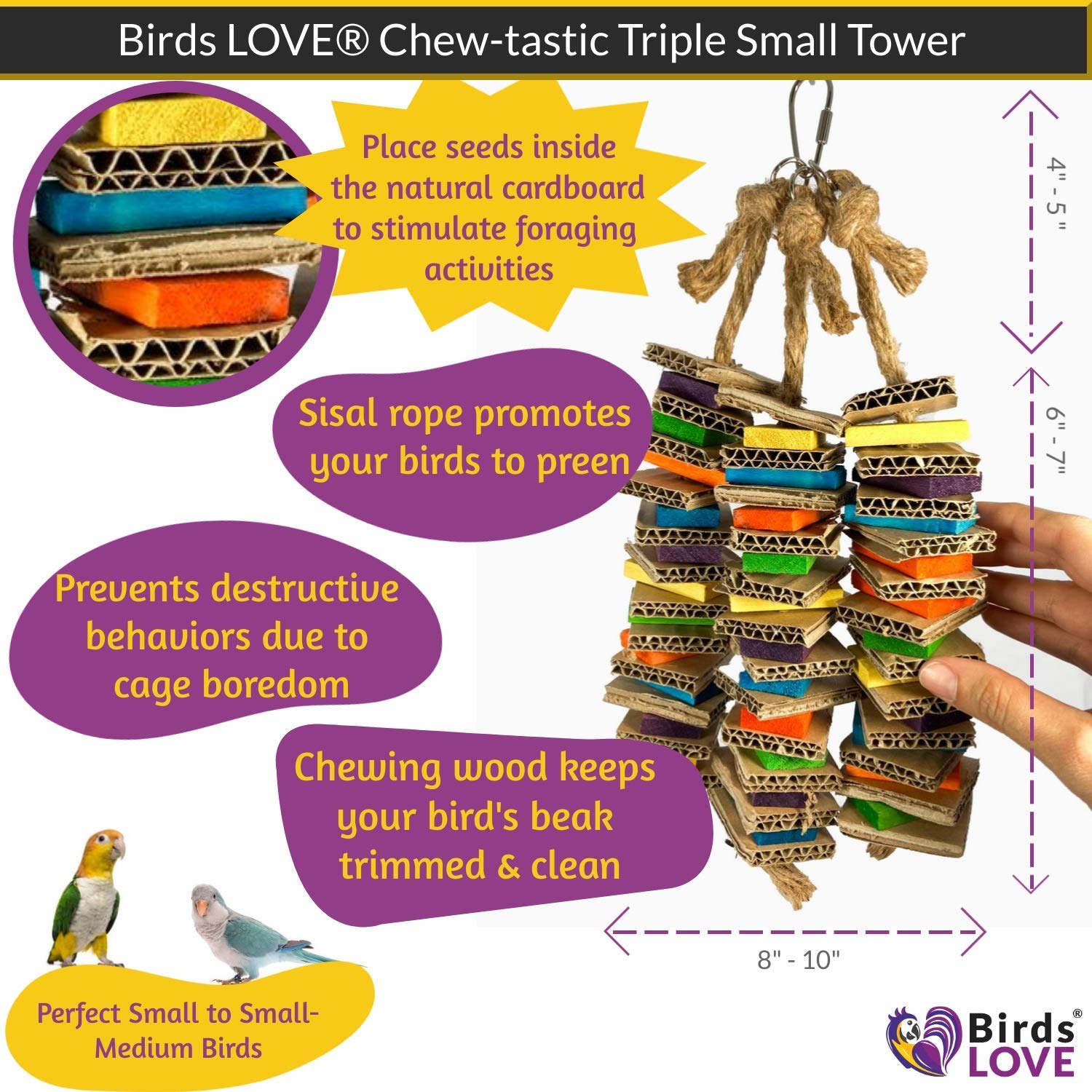 Birds Love Chew-Tastic Triple Tower Of Shredded Fun Medium Bird Toy For African Grey Conures Sun Conures Caiques Senegals Small Cockatoos Quakers And Similar Small To Medium Sized Birds