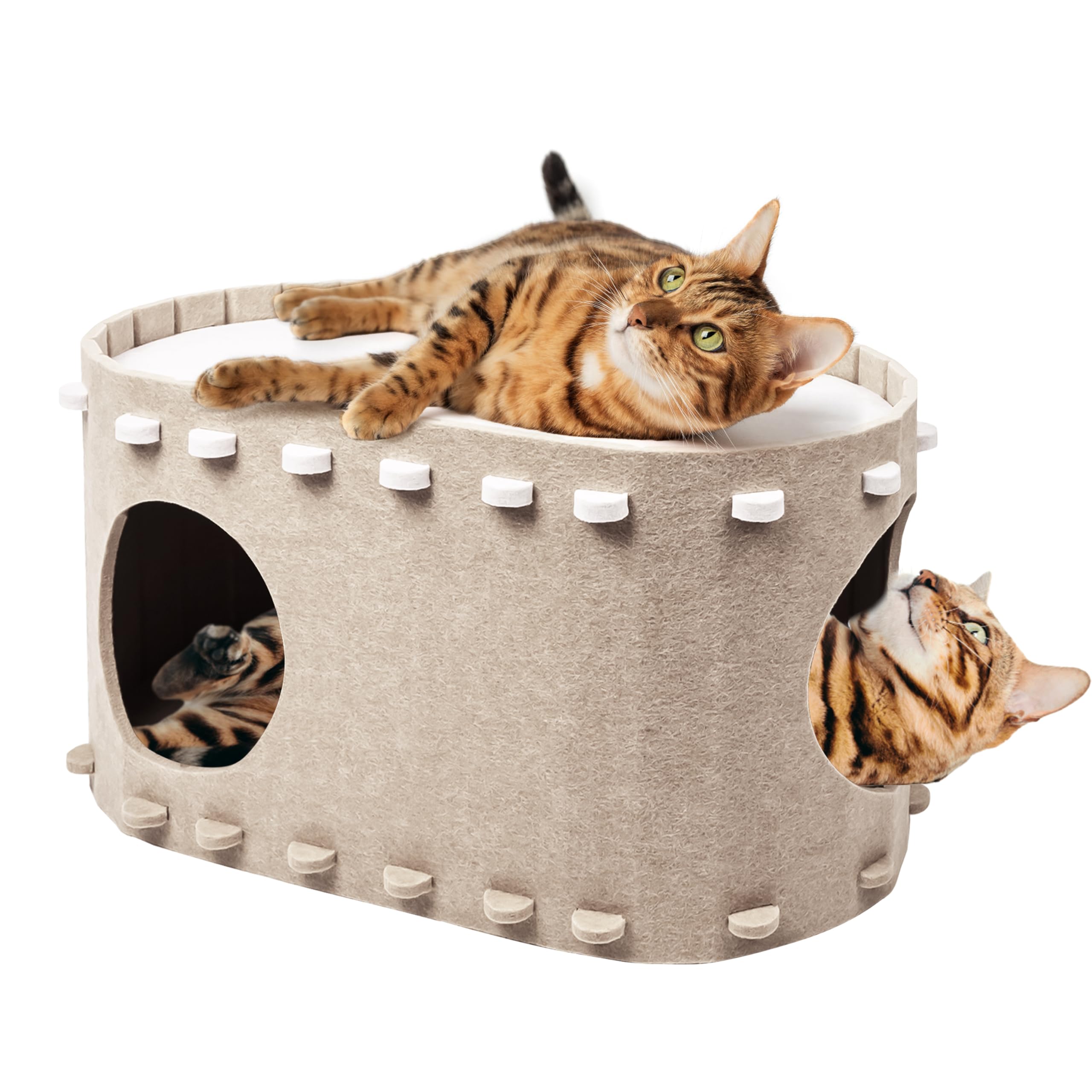 Cat House For Indoor Cats, Foldable Kitten Hideaway, Natural Wool Felt Covered Cat Tunnel Bed, Peekapurr Cat Cave