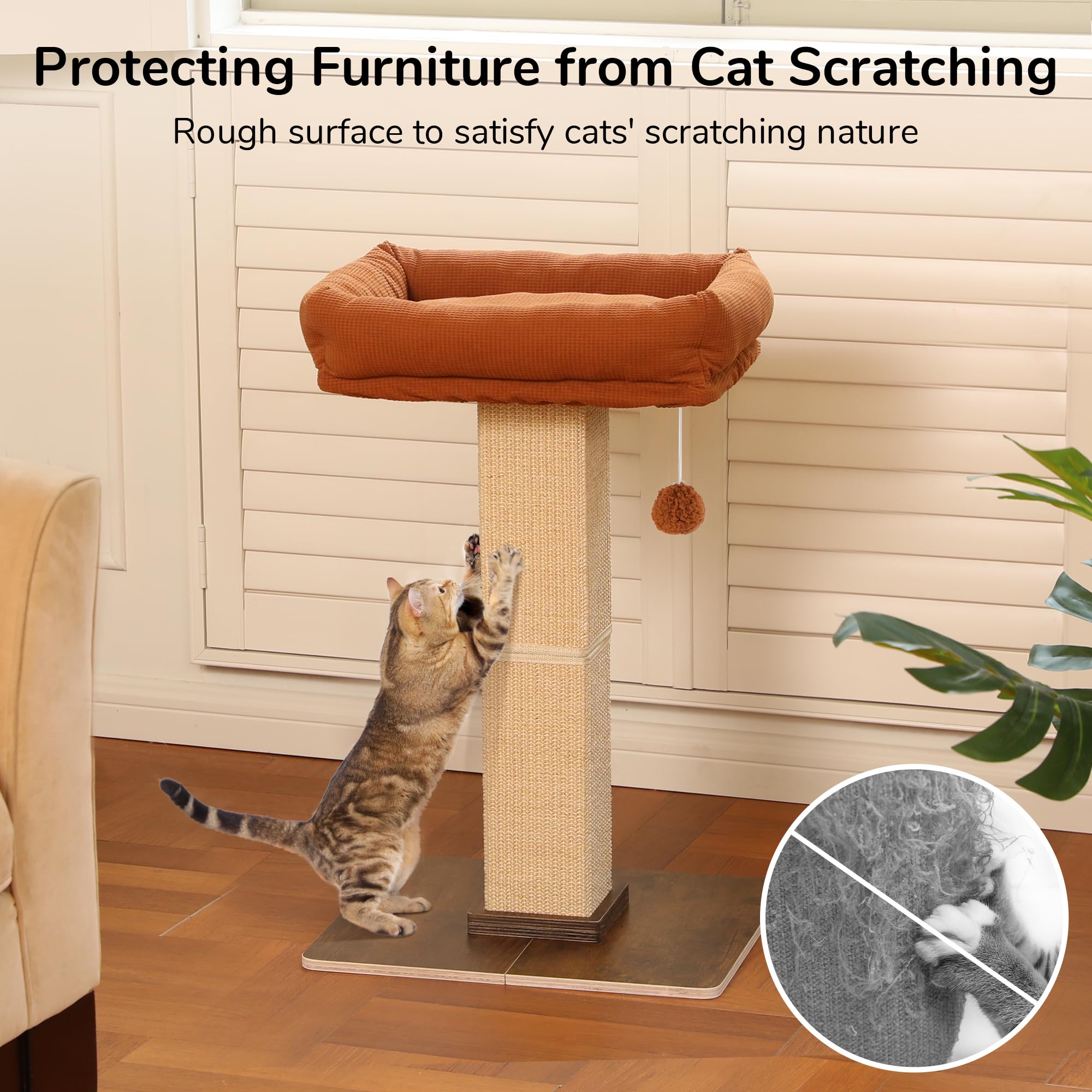 FUKUMARU Cat Scratching Post, Retro-Style Tall Scratch Posts with Perch for Infoor Cats Adults, Large Cat Scratcher Tower with B