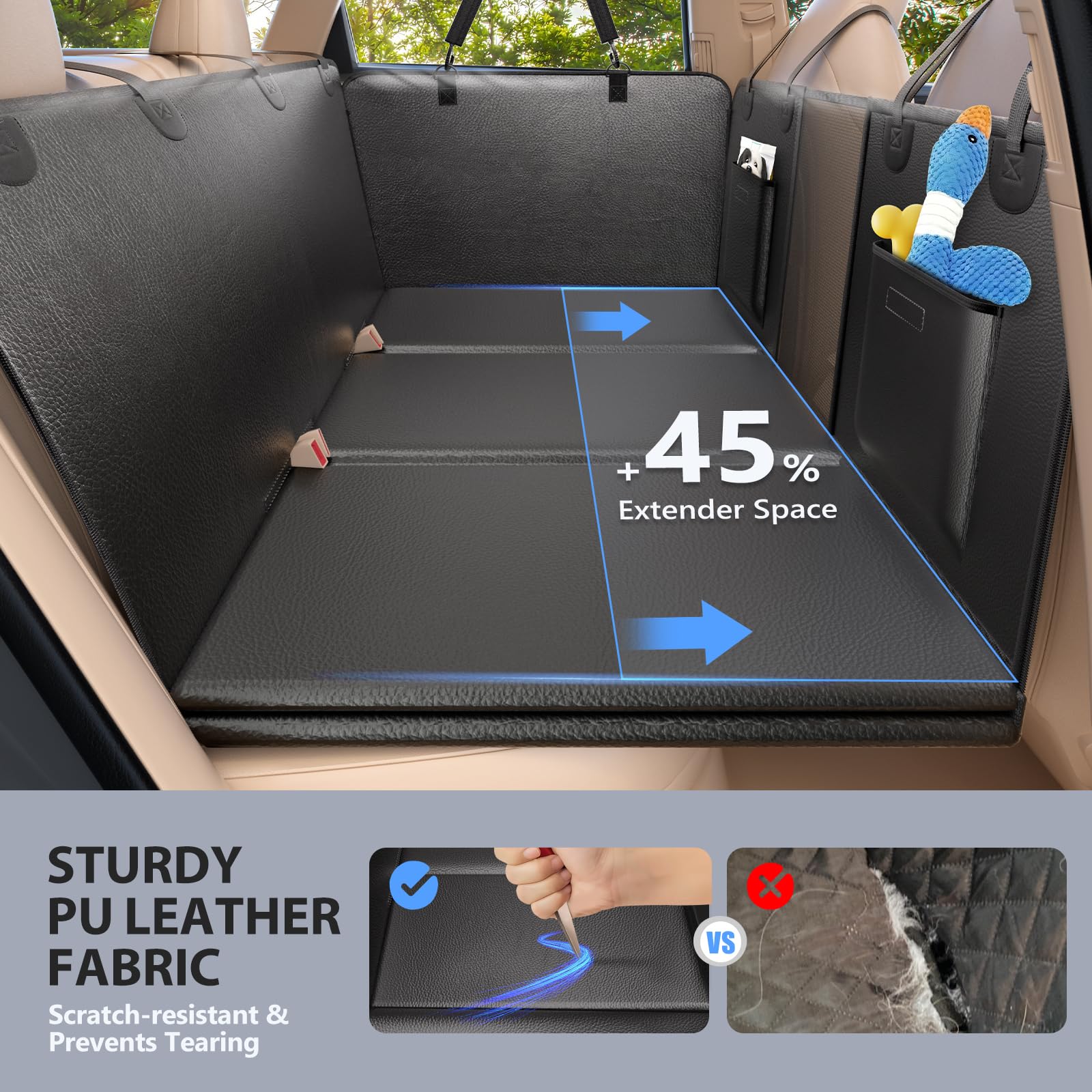 Rouwinne Back Seat Extender For Dogs-Upgraded Pu Leather, Hard Bottom Dog Car Seat Cover For Back Seat, Anti-Scratch Backseat Extender For Dogs, Waterproof Dog Hammock For Car, Suv, 400Lbs