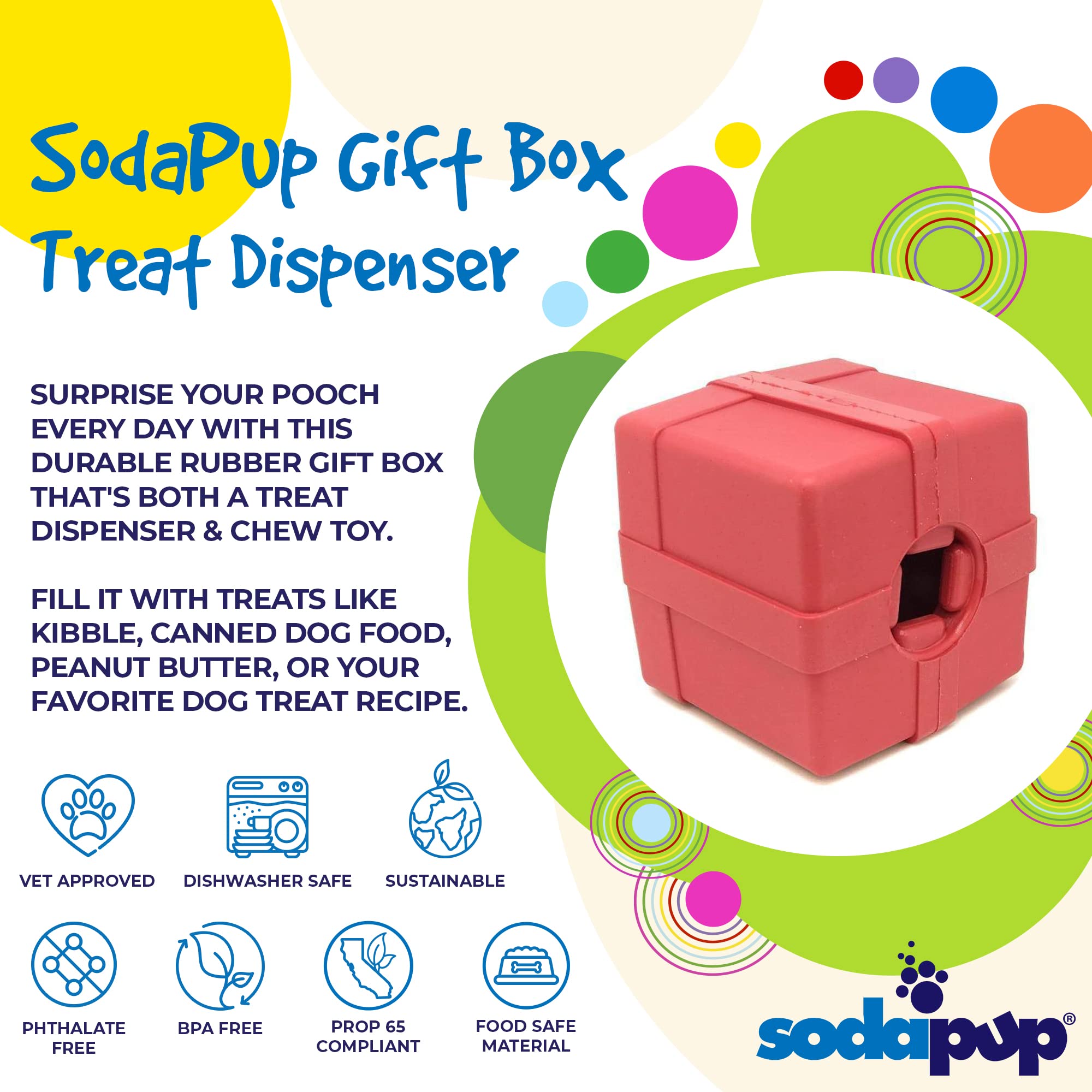 SodaPup Gift Box - Durable Dog Treat Dispenser & Chew Toy Made in USA from Non-Toxic, Pet Safe, Food Safe Natural Rubber Materia