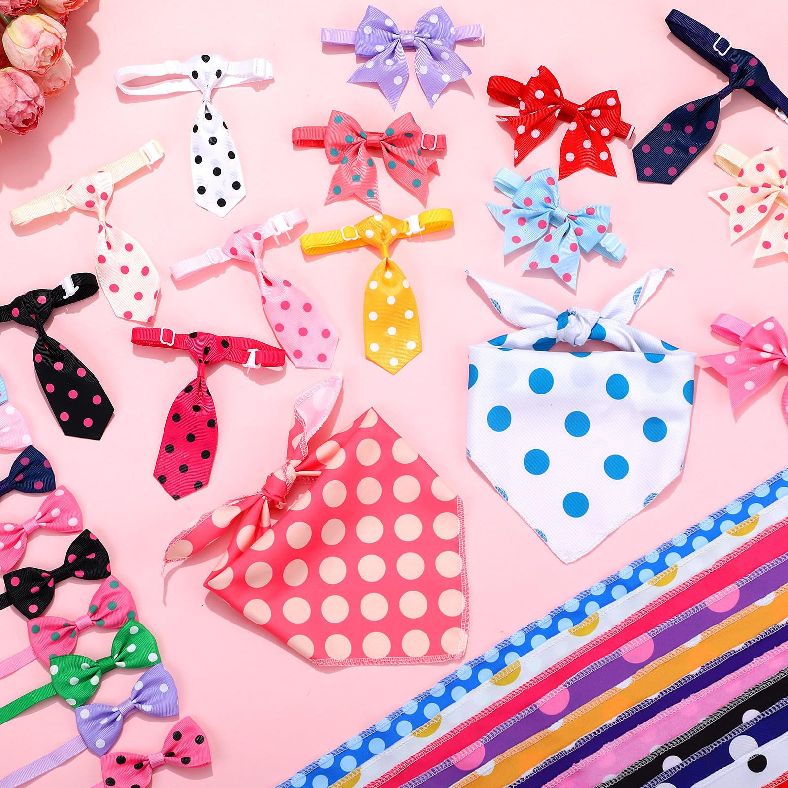 Reginary 120 Pcs Polka Dot Dog Bandanas Bulk Dog Bows Set Bow Ties Cat Scarf Colorful Washable Triangle Pet Kerchief Cute Bib Fo
