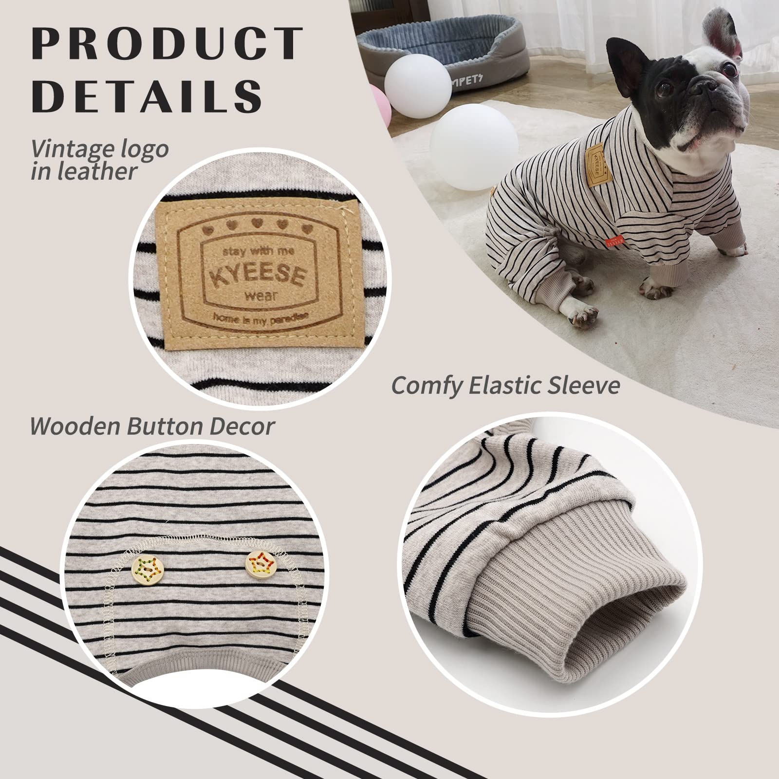 Kyeese Dog Pajamas Stripes 4 Legged Pet Jumpsuit Stretchable Pet Puppy Cat Pajamas Onesie Lightweight Dog Clothes, Ivory Brown,