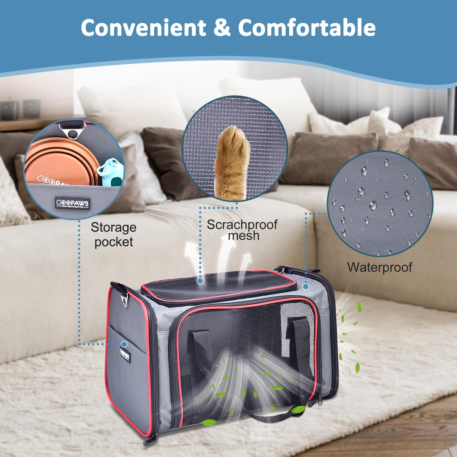 GOOPAWS Soft-Sided Kennel Pet Carrier for Small Dogs & Cats, Medium 17"x10"x11.5", Grey/Red, Airline Approved, Nylon, Model PTC