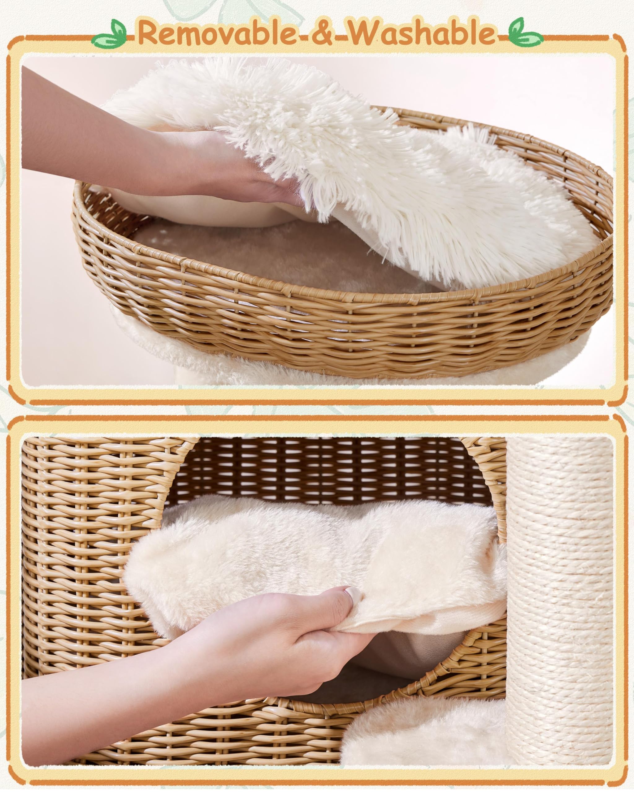 Yaheetech 36in PE Rattan Cat Tree with Big Perch, Breathable Woven Condo, Extra Long Sisal Scratching Post, Washable Cushion, Na