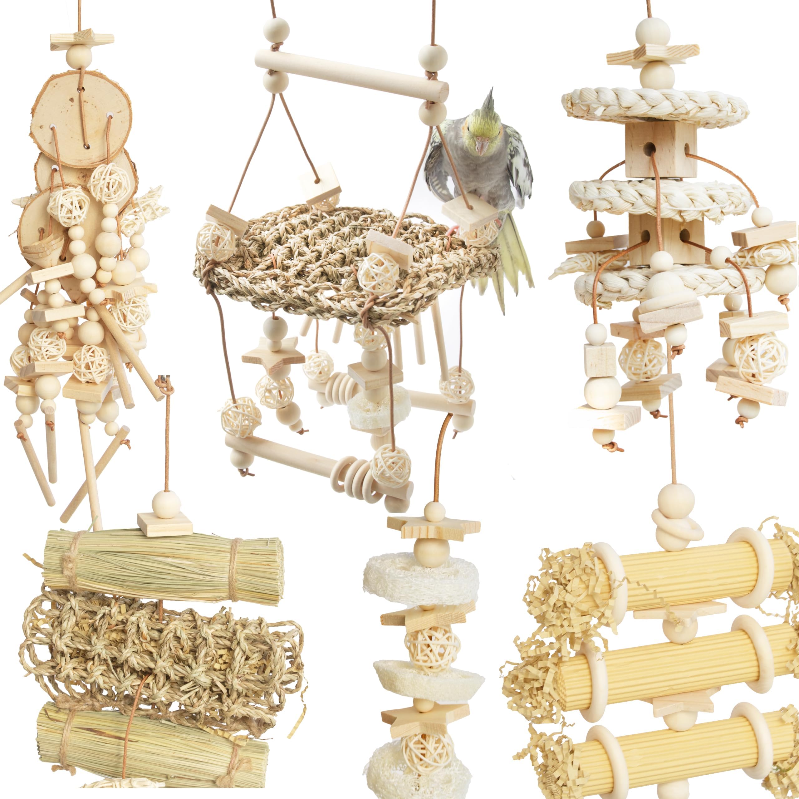 Vildroohowl 6 Pcs Natural Bird Toys for Parrots - Seagrass Swing, Loofah, Wood & Corn Husk Chew Toy Set - Shredding Enrichment K