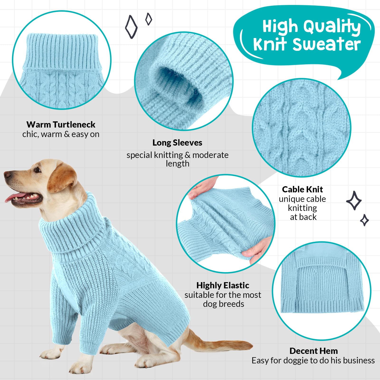 Queenmore Puppy Dog Sweeters - Long Sleeves Turtleneck Winter/Fall Sweater For Medium, Large Dogs; Solid Blue Knit; Christmas Th