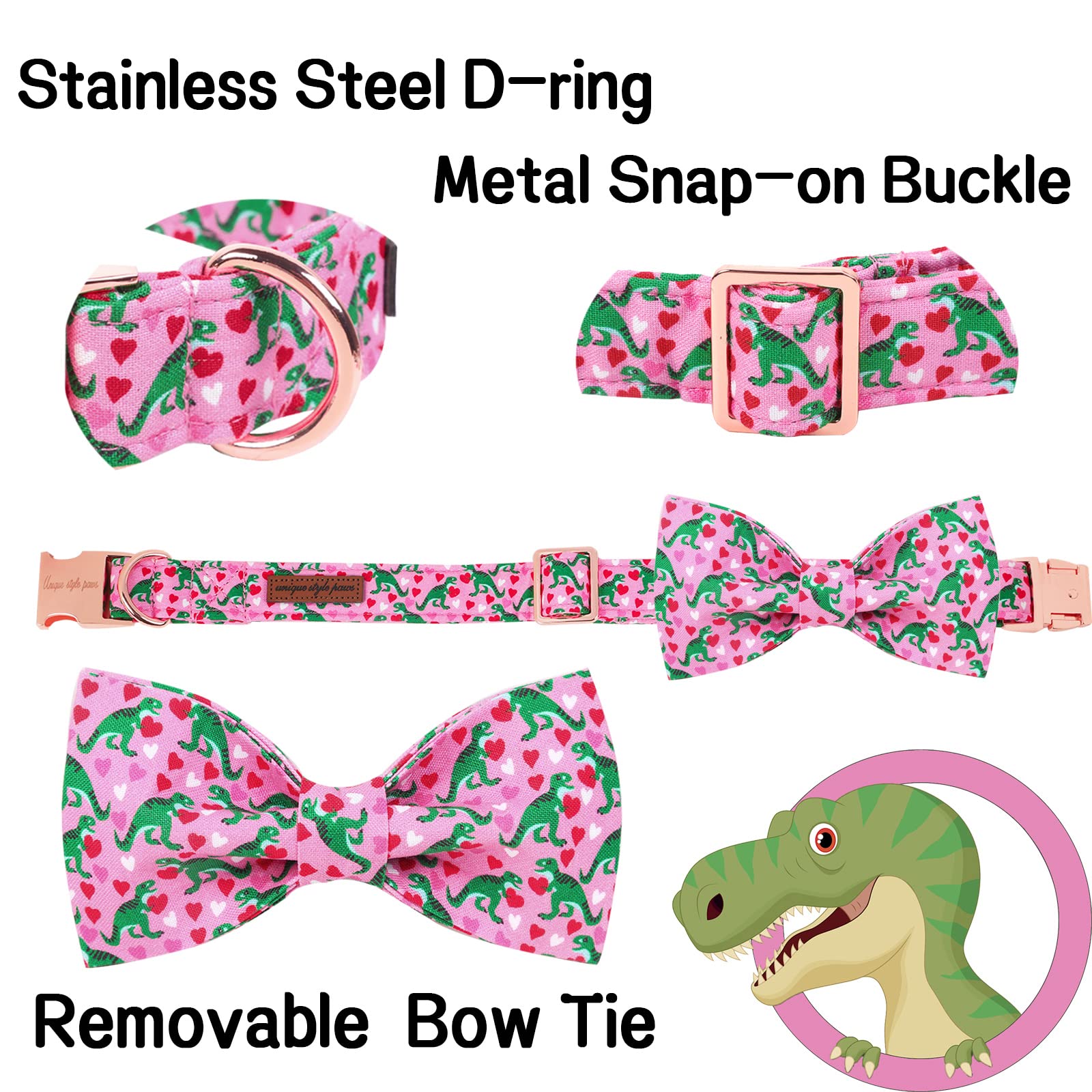Unique Style Paws Dog Collar With Bowtie Pink Dinosaur & Heart Puppy Collar Suitable For Small Medium Large Dogs With Adjustable Safety Metal Buckle For Valentine'S Day-Xl