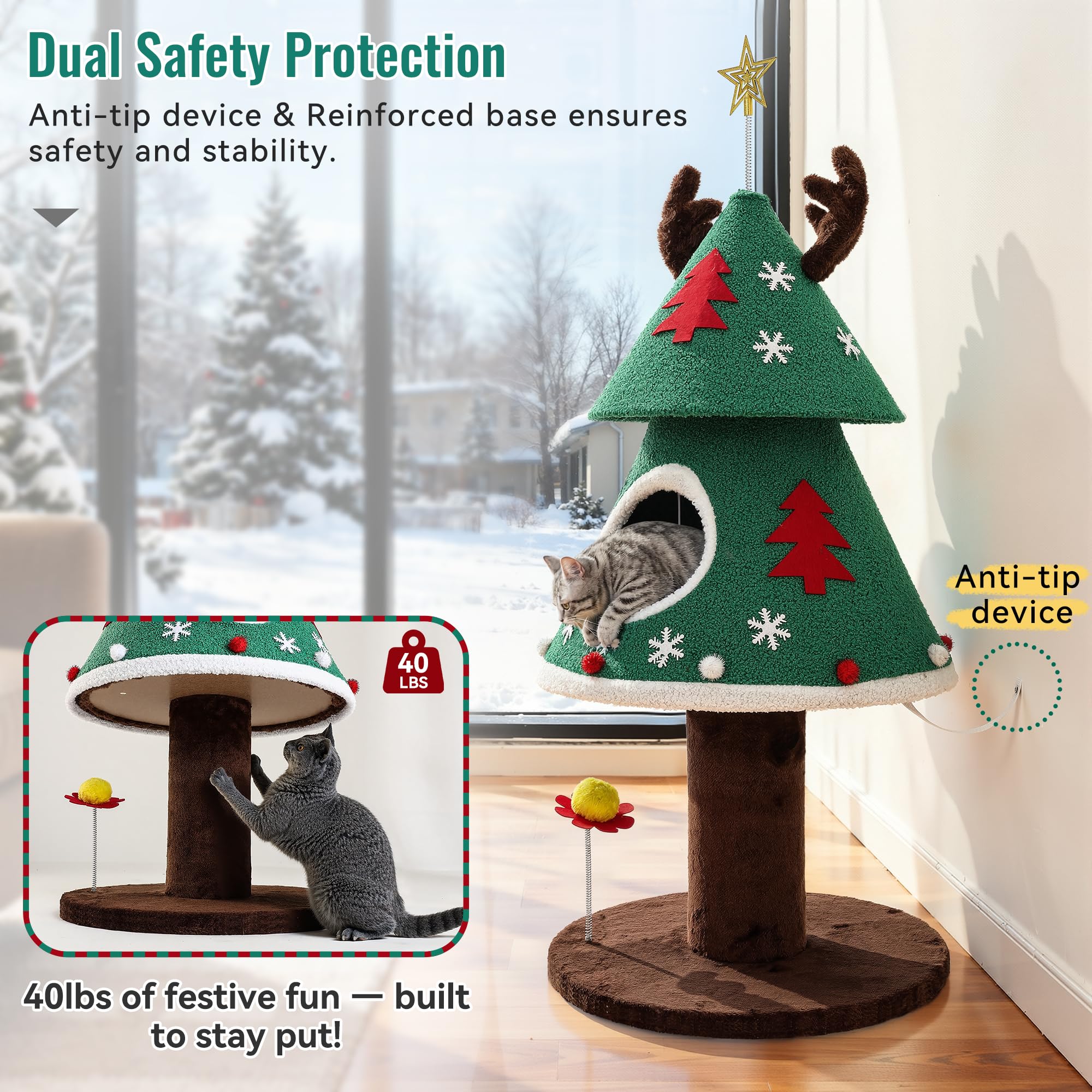 DWVO Christmas Cat Tree, 47.2in Christmas Tree Cat Tower with Teaser Plaything, Kitty Tree for Indoor Small Cats