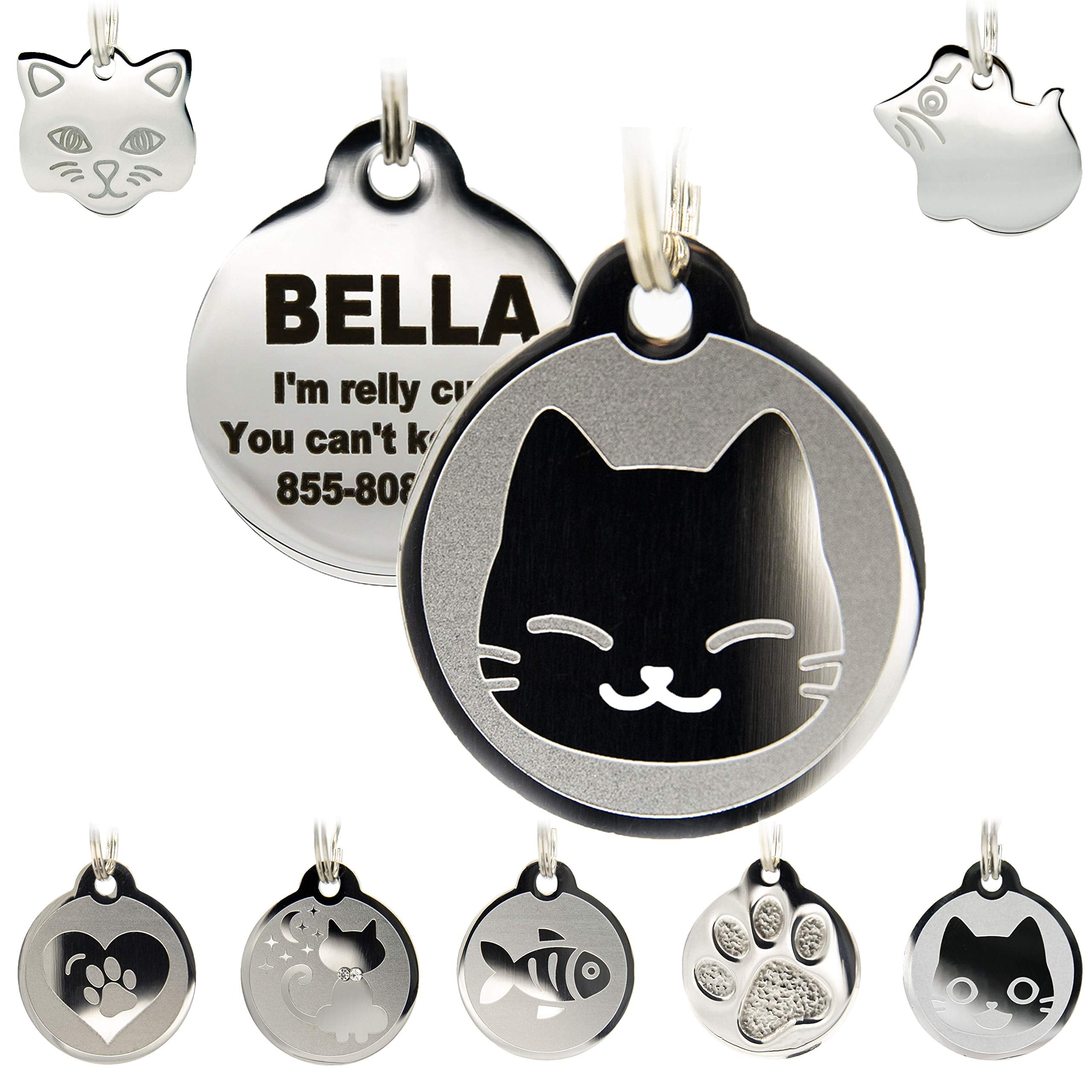 Stainless Steel Cat Id Tags - Engraved Personalized Cat Tags Includes Up To 4 Lines Of Text With Kitty Face Shape