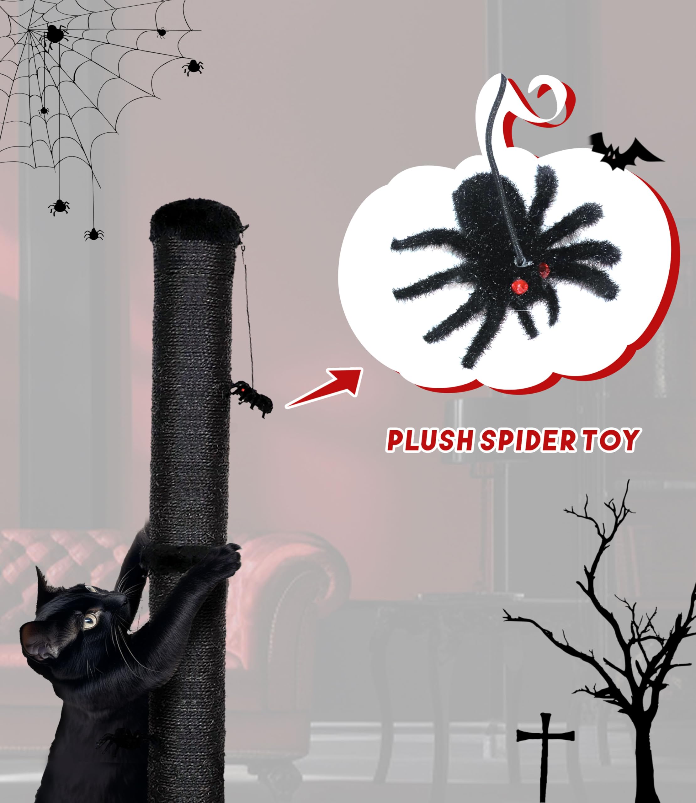 Puzzlepaw Gothic Cat Scratching Post With Spider Dangling Toys For Indoor Cats, Halloween Spooky Cat Scratcher,Activity Cat Play