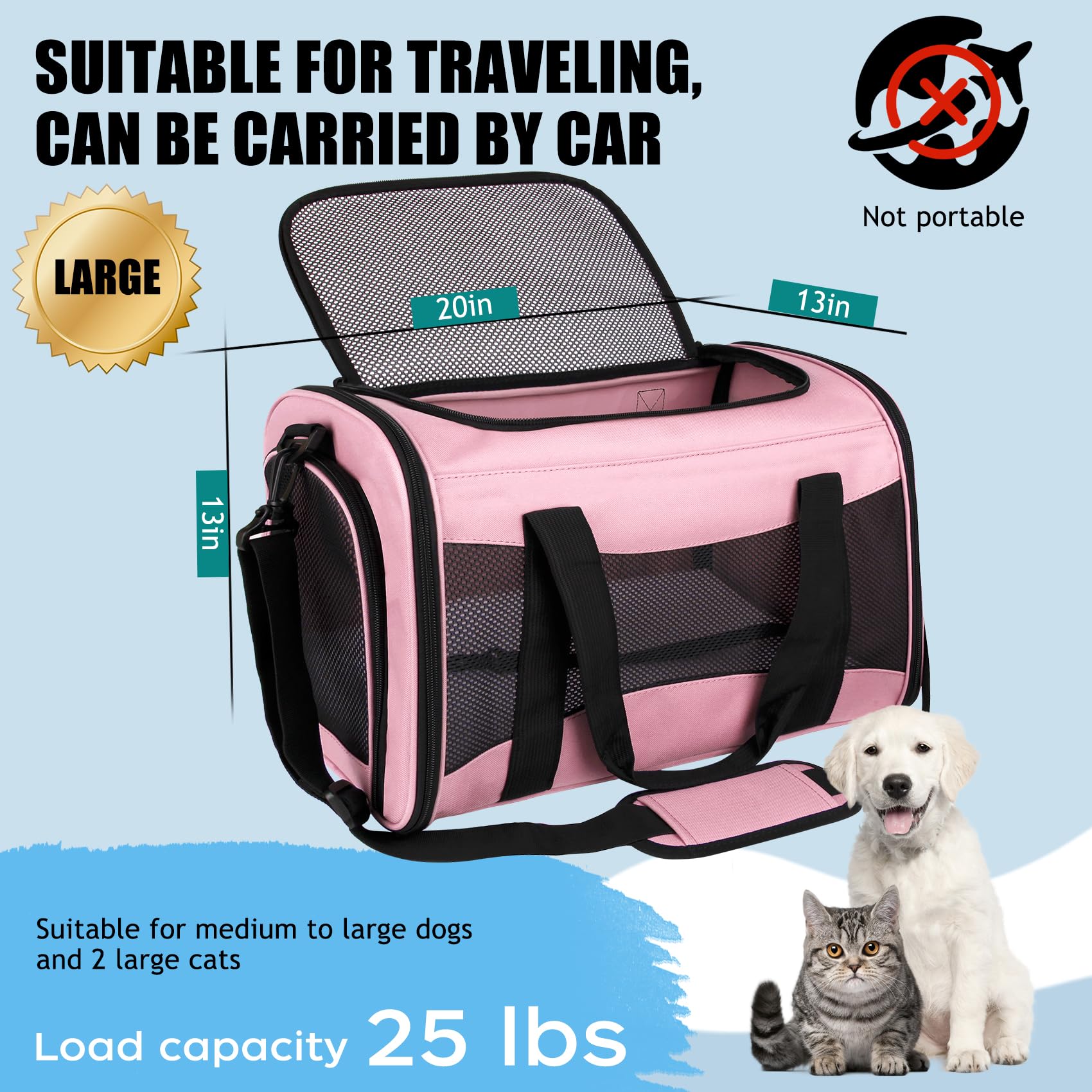 Yipincover Carriers Soft-Sided Pet Carrier Pink For Medium Large Cats Dogs Undertake 35Lbs,Ventilated Mesh Windows,Top Load Cat