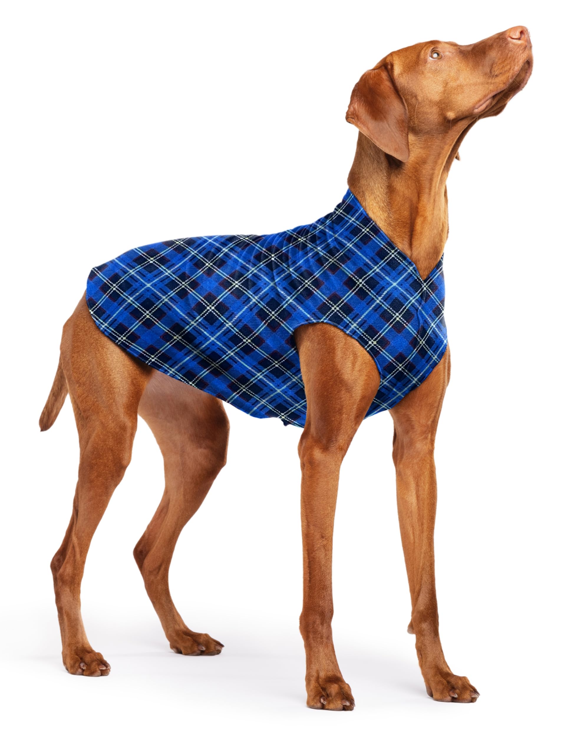 Gold Paw Stretch Fleece Dog Coat, Stretchy Pet Sweater, Machine Washable Pullover For Winter And Fall, Blue Plaid, 18
