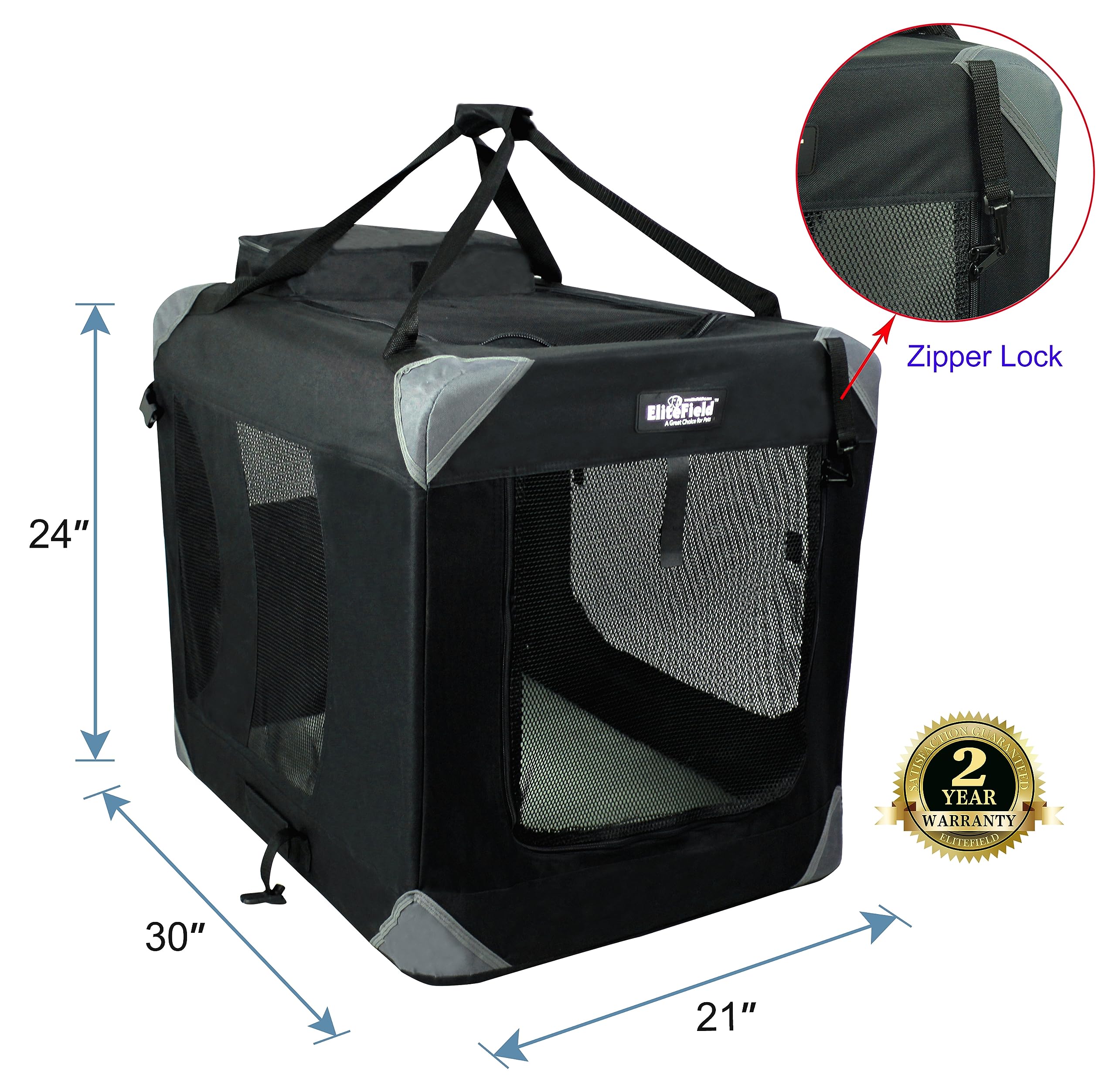Elitefield 3-Door Folding Soft Dog Crate With Carrying Bag And Fleece Bed (2 Year Warranty), Indoor & Outdoor Pet Home (30' L X 21' W X 24' H, Black)