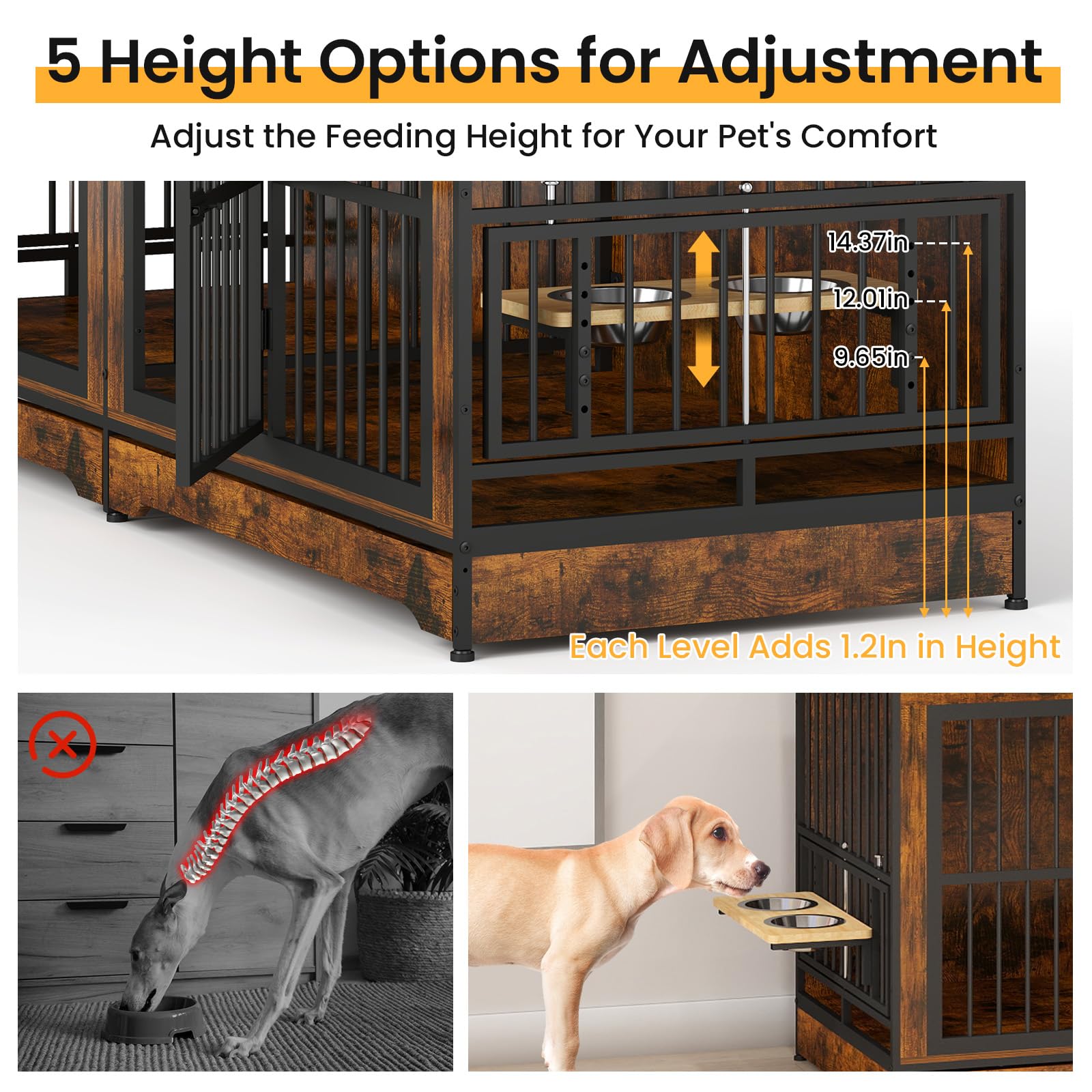 Yafylly 78 Dog Crate Furniture with 4 Dog Bowls, Extra Large Double Dog Kennel with 360 Rotating and Adjustable Height Bowl Ho