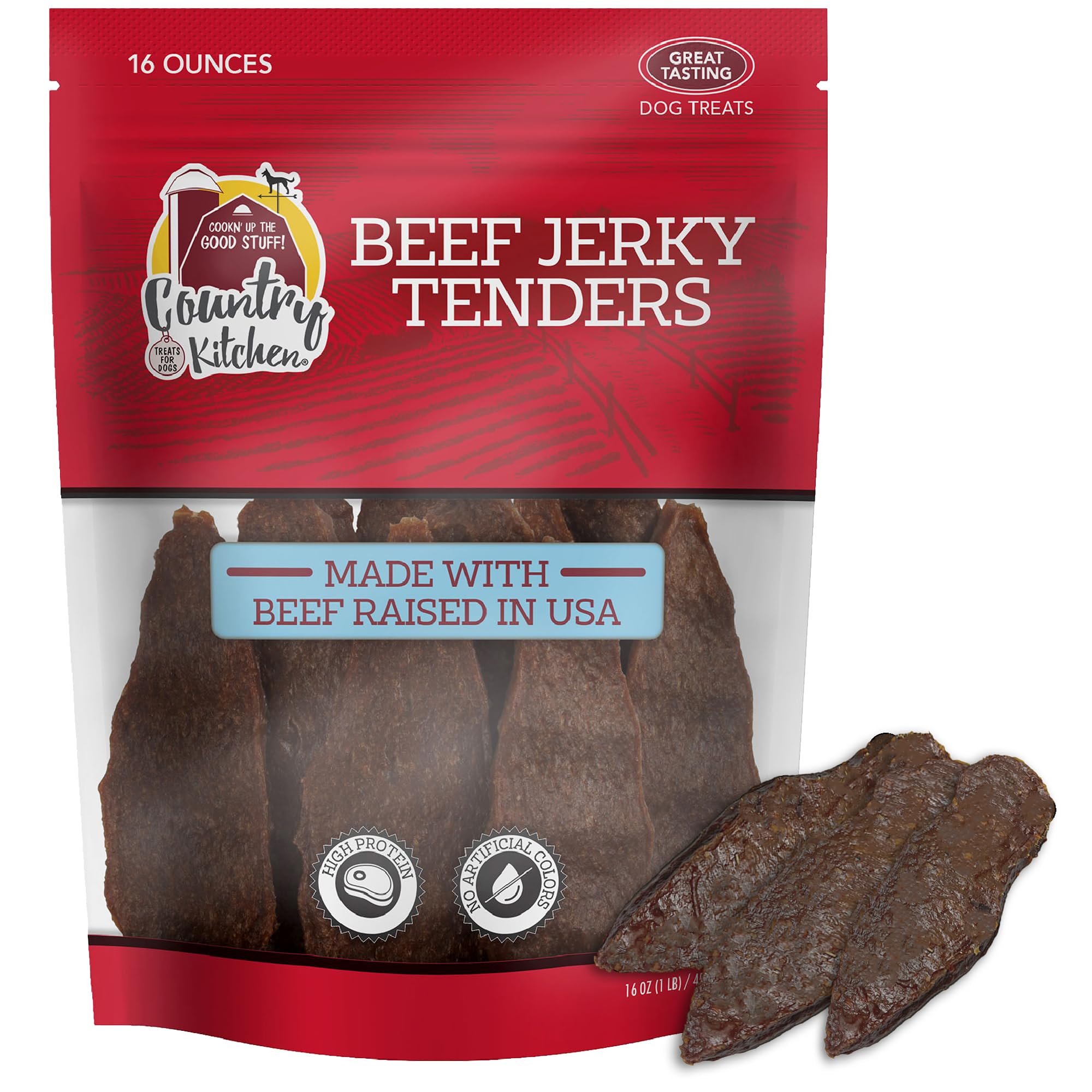 Country Kitchen Beef Jerky Tender Dog Treats, Made with Real Beef, High Protein, Low Fat, No Artificial Colors, 16 oz