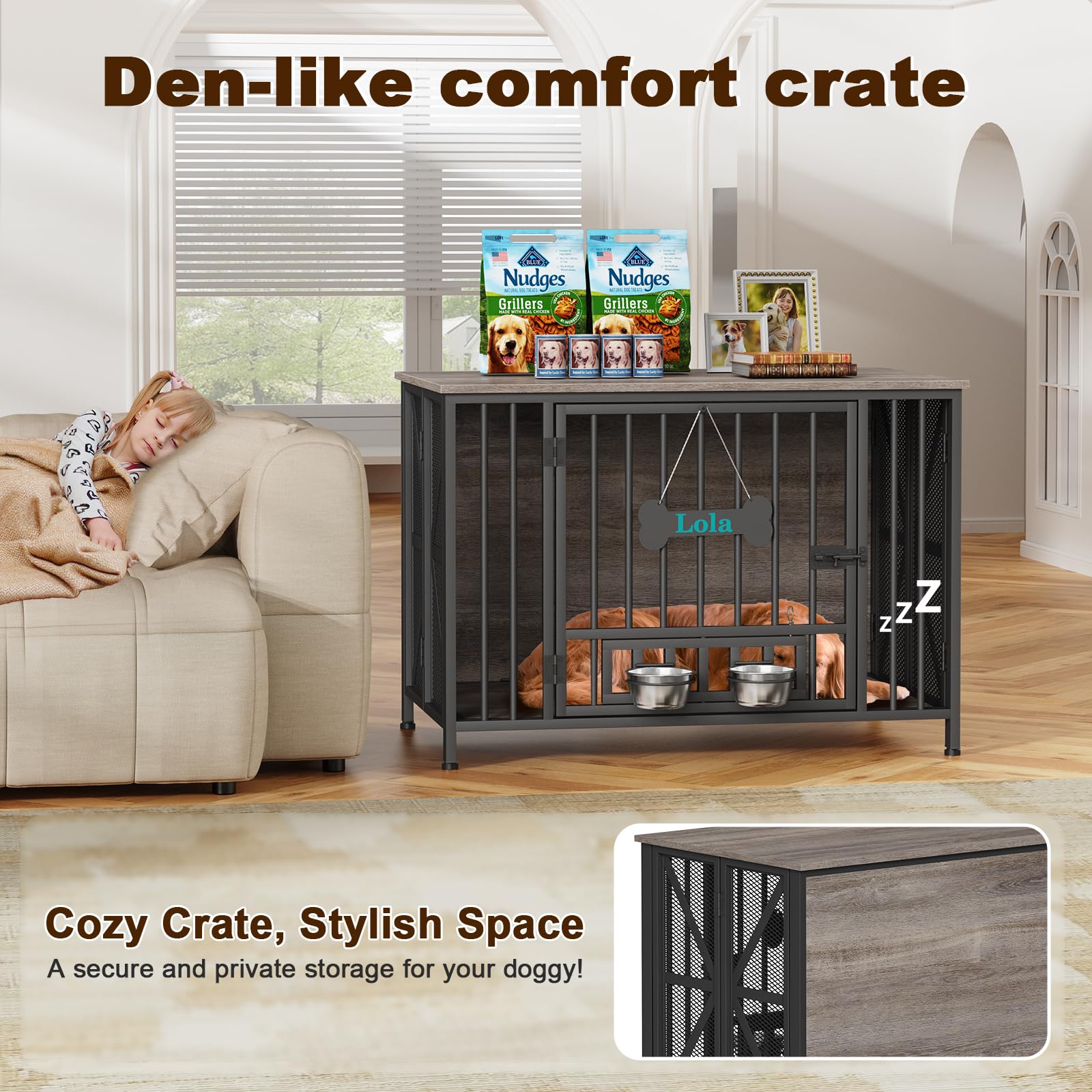 EasyCom Foldable Dog Crate Furniture, 41.3 Dog Crates for Medium/Large Dogs, Wooden Dog Kennel Indoor with Tag & Adjustable Bowl