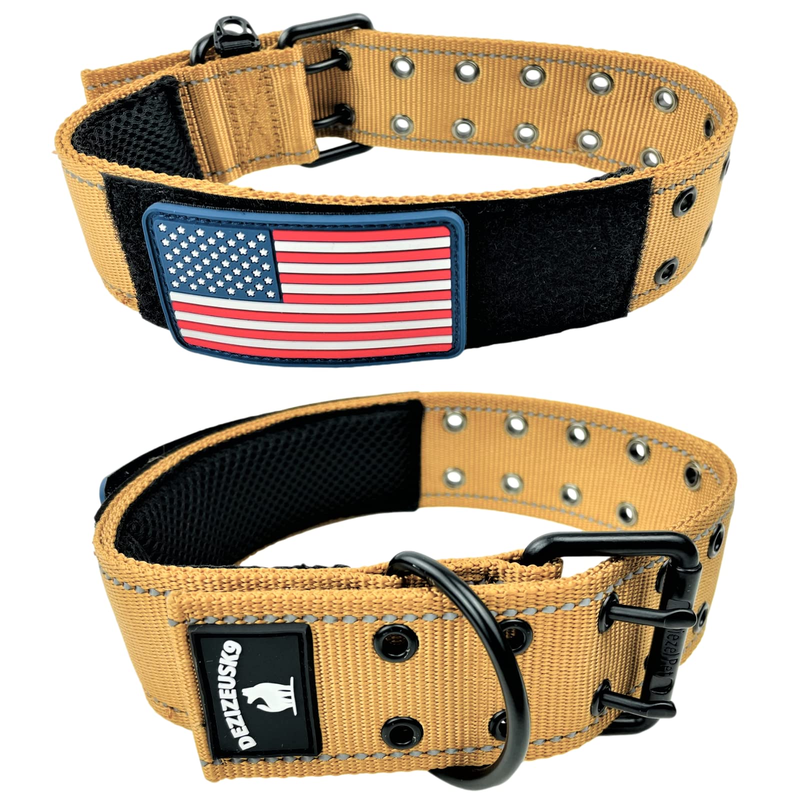 2 Personalized Tactical Dog Collar - Wide Thick Military Style with Strong Belt Buckle Closure - American Flag Patch - Reflectiv