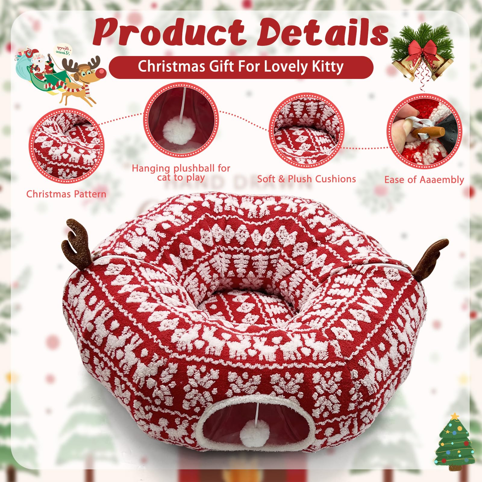 Cat Donut Tunnel for Christmas Tree - Warm Soft Cat Tube Christmas Tree Skirt, Christmas Themed Patterns Cats Red Tunnel Bed wit