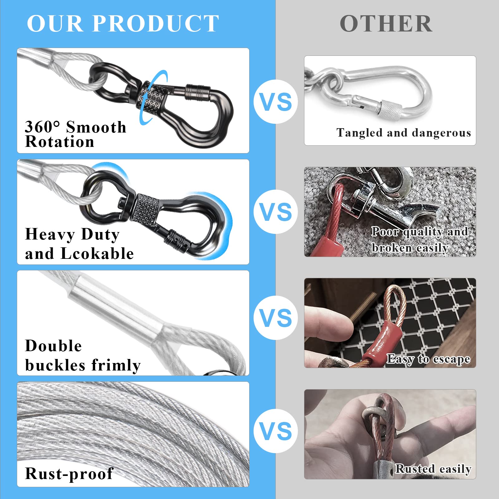 Xiaz Dog Tie Out Cable 50Ft, Outdoor Runner Lead Chain Tether For Small Medium Large Dogs, 5Mm Diameter Cable,11000 Lbs Break Strength, Reflective Silver