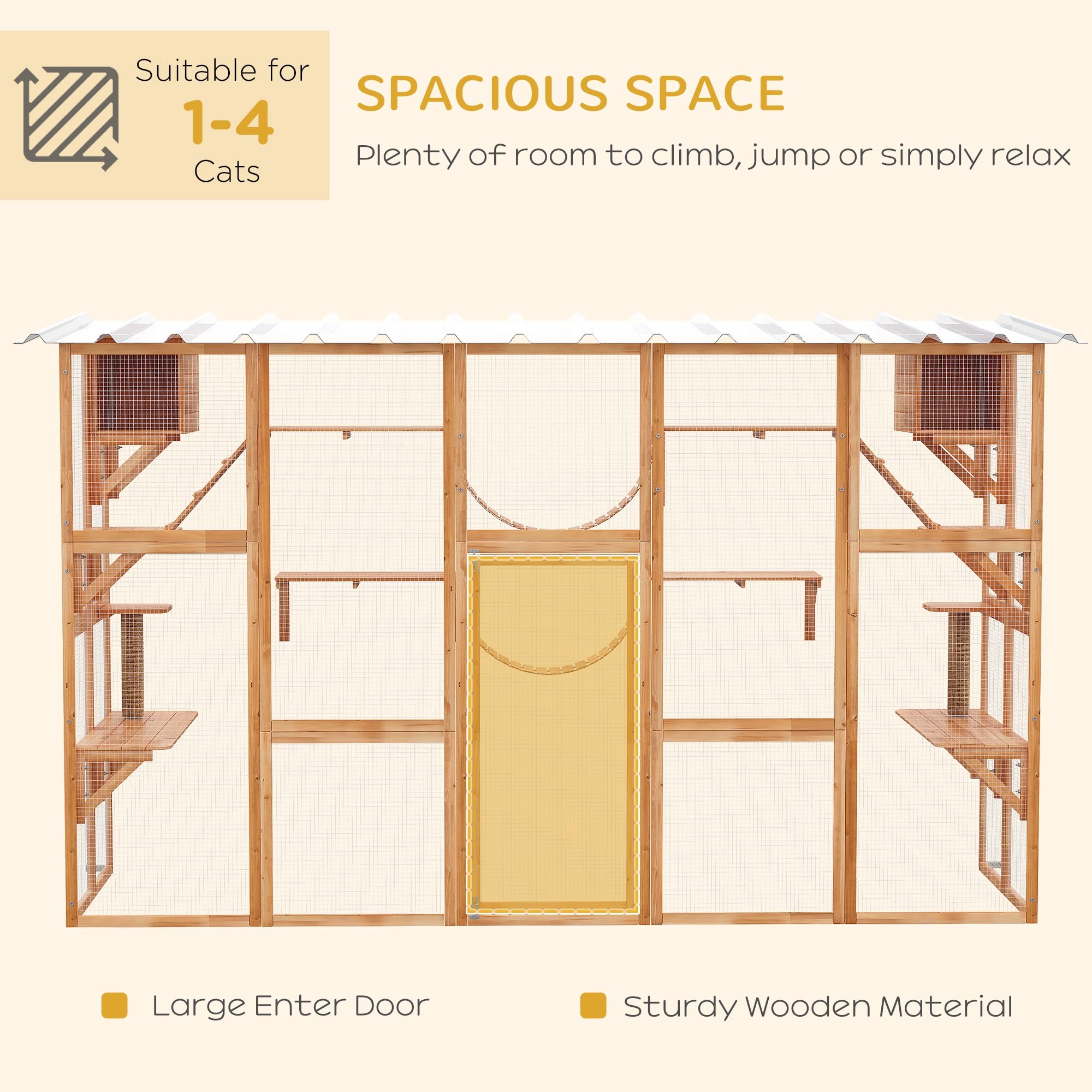 Pawhut Catio Playground Cat Window Box Outside Enclosure, Outdoor Cat House With Weather Protection Roof For Multiple Kitties, Wooden Frame, Shelves & Bridges, 118' X 37. 5' X 74', Orange